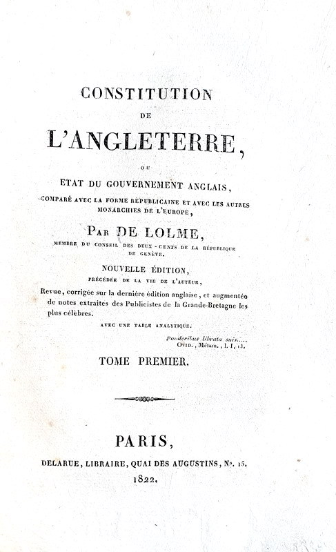Abebooks Constitution de l?Angleterre ou etat du Gouvernement Anglais comparé avec la forme républicaine et avec les autres monarchies de l?Europe. Paris Delarue 1822