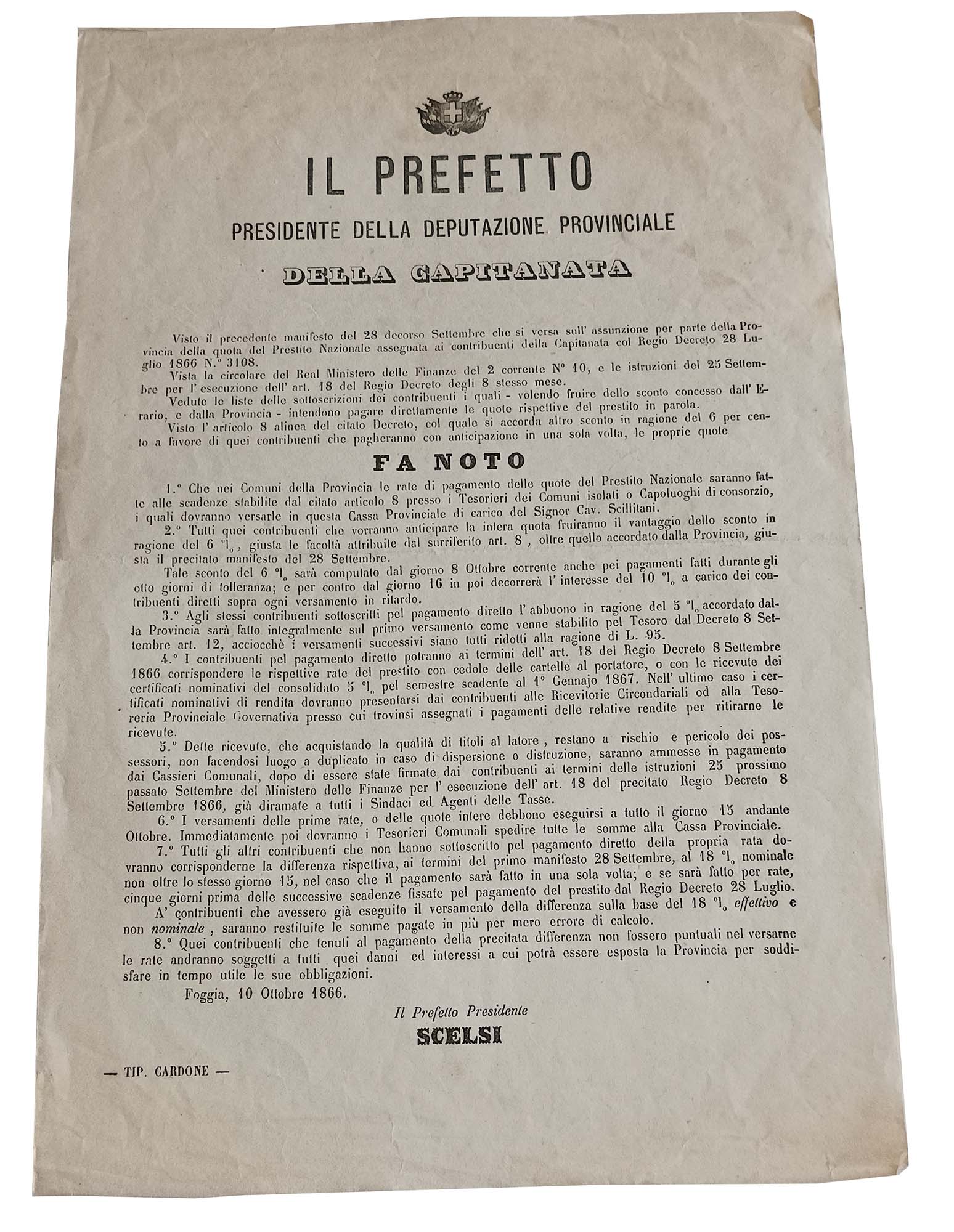 Abebooks Manifesto 1866 Pagamento delle quote del Presidio Nazionale CAPITANATA Foggia