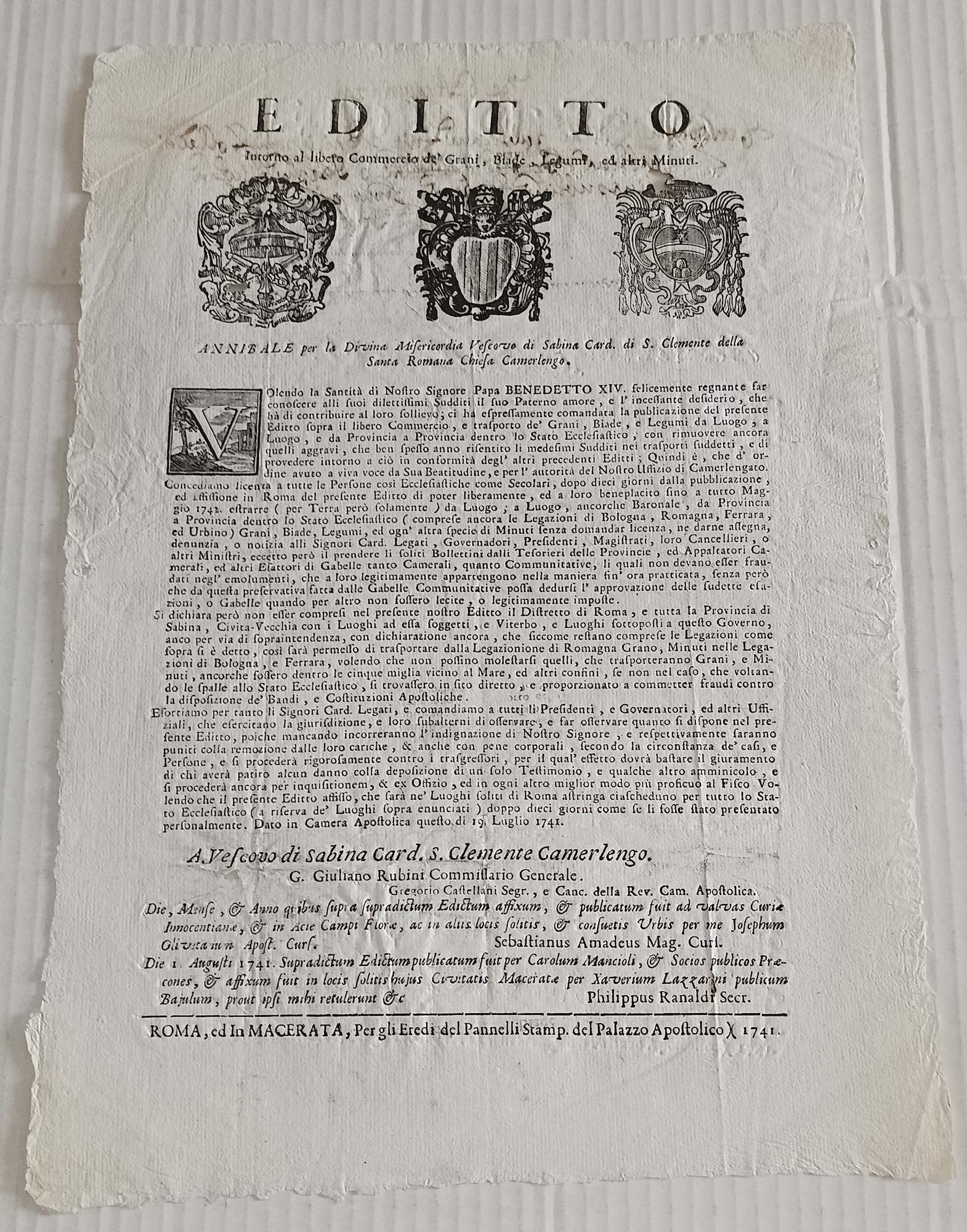 Abebooks Editto intorno al libero commercio dei grani SABINA Macerata 1741 Card. Clemente