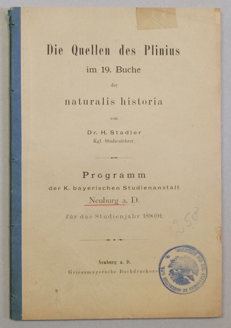Die Quellen des Plinius im 19. Buche der naturalis historia. - Stadler, Hermann
