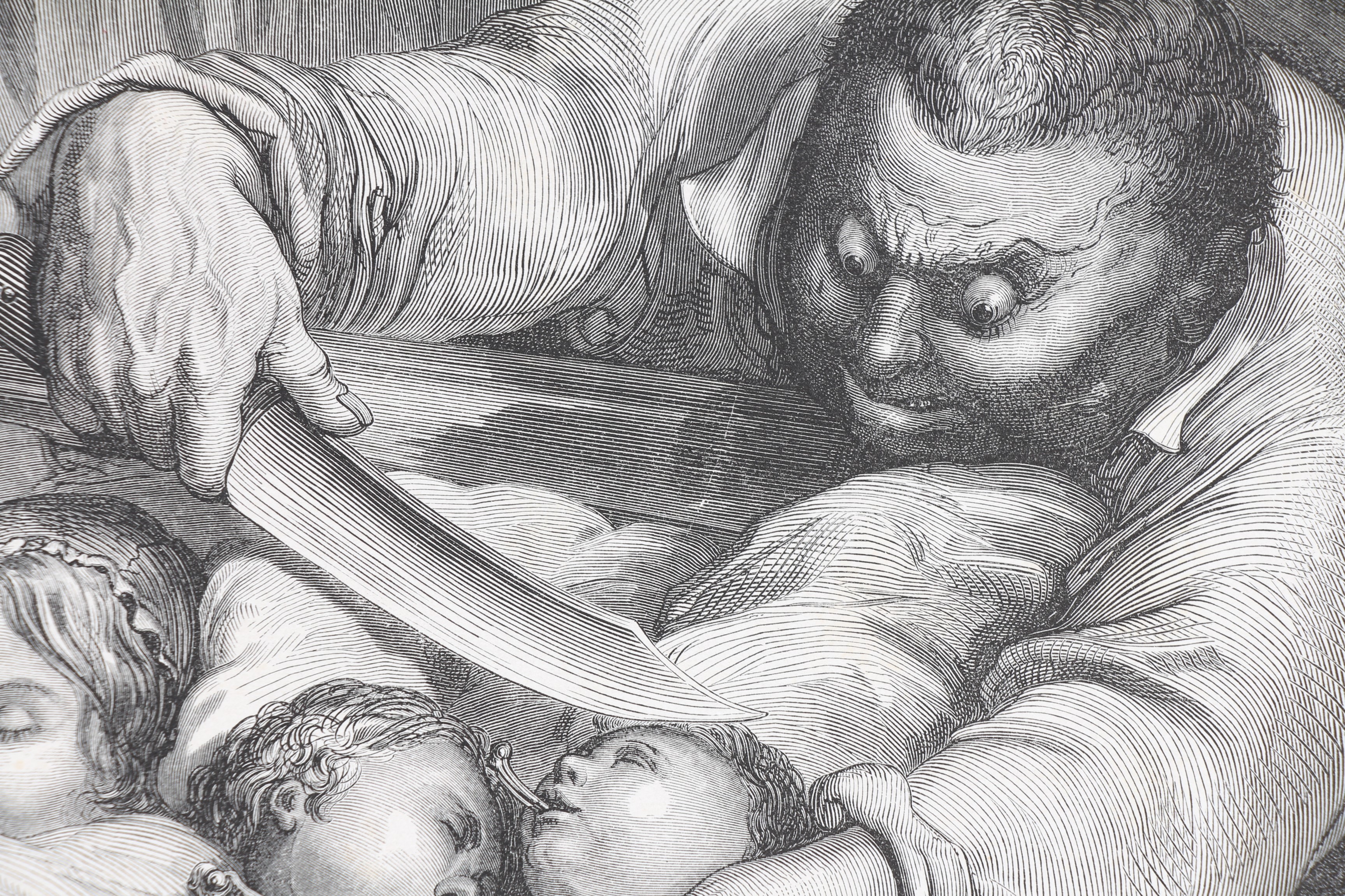 Charles Perrault, Contes, Le Petit Poucet, "En disant ces mots, il coupa, sans balancer, la gorge de ses septs filles" - Gravure originale sur bois d