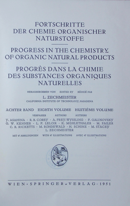 Fortschritte der Chemie organischer Naturstoffe. 8. Bd. . - Zechmeister, László