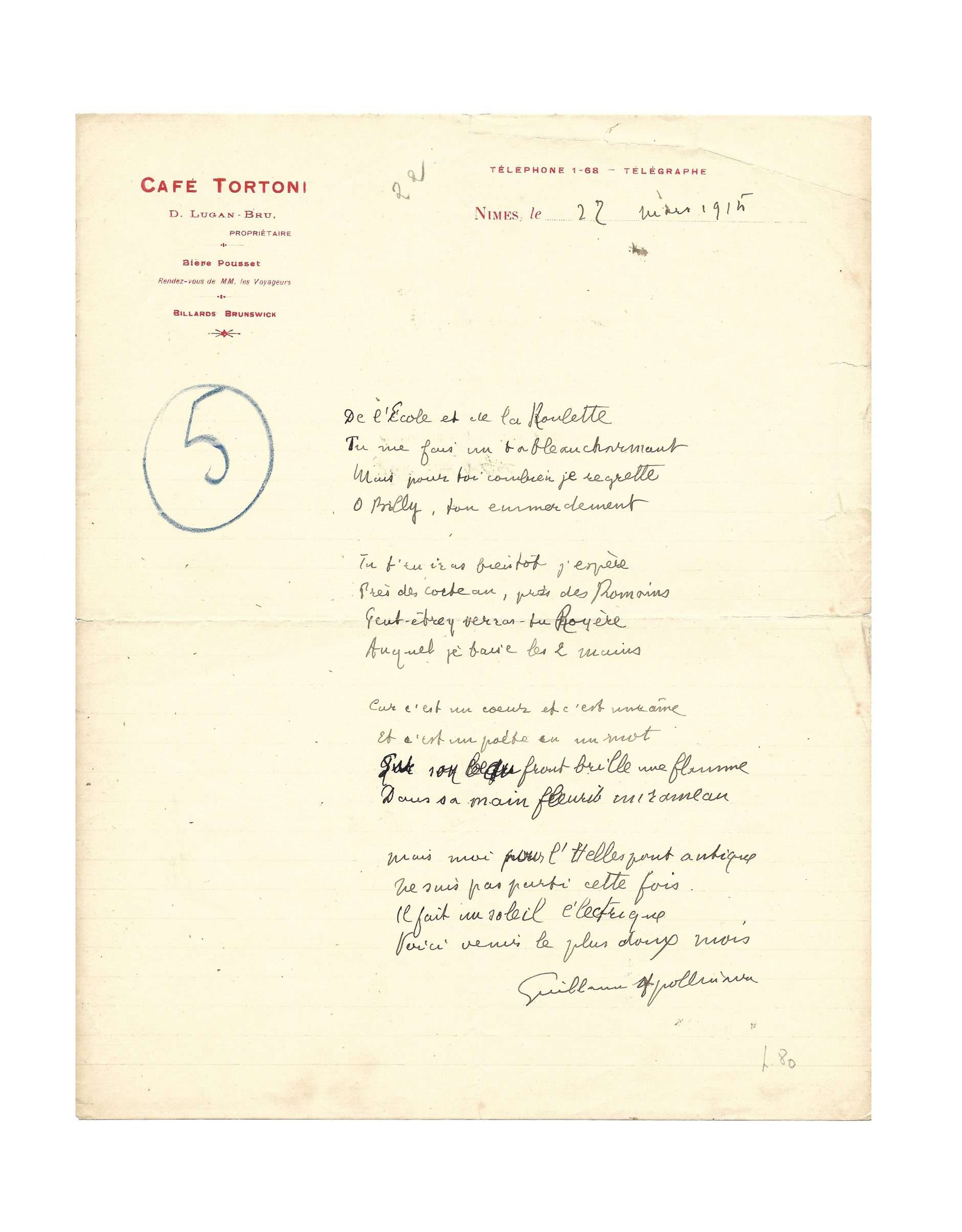 [Signé] Savoureuse épître poétique improvisée depuis le Café Tortoni de Nîmes, où le poète avait ses habitudes Guillaume APOLLINAIRE [Bon]