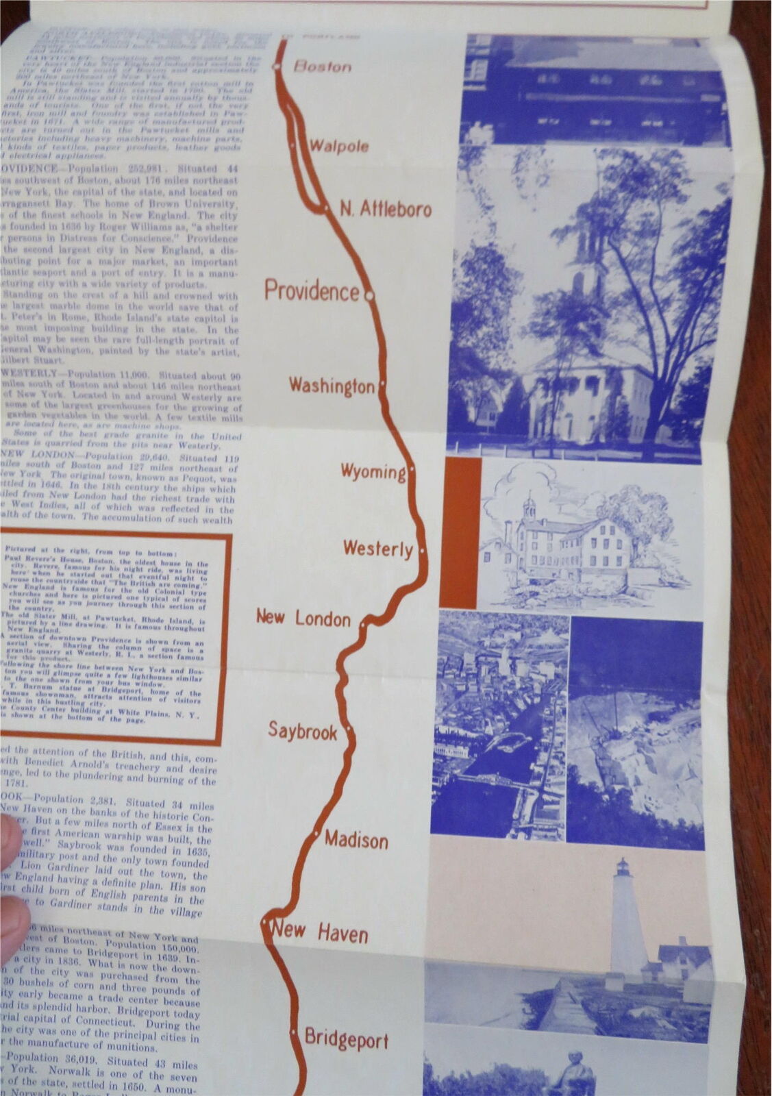 Highway Map & Log Boston - New York 1950's Greyhound Bus promo brochure