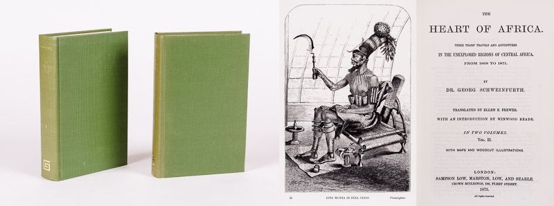 The Heart of Africa - Three Years' Travels and Adventures in the Unexplored Regions of Central Africa. From 1868 to 1871. Translated by Ellen E. Frewer. With an Introduction by Winwood Reade. In Two Volumes. With Maps and Woodcut Illustrations. - Schweinfurth, Georg.