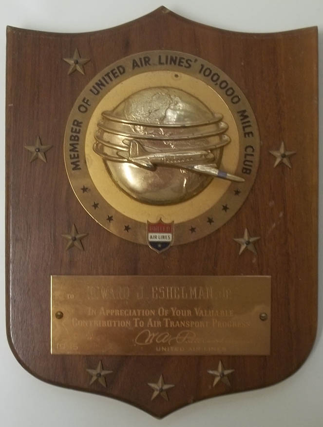 United Air Lines 100,000 Mile Club Award Plaque 1955 [Very Good]