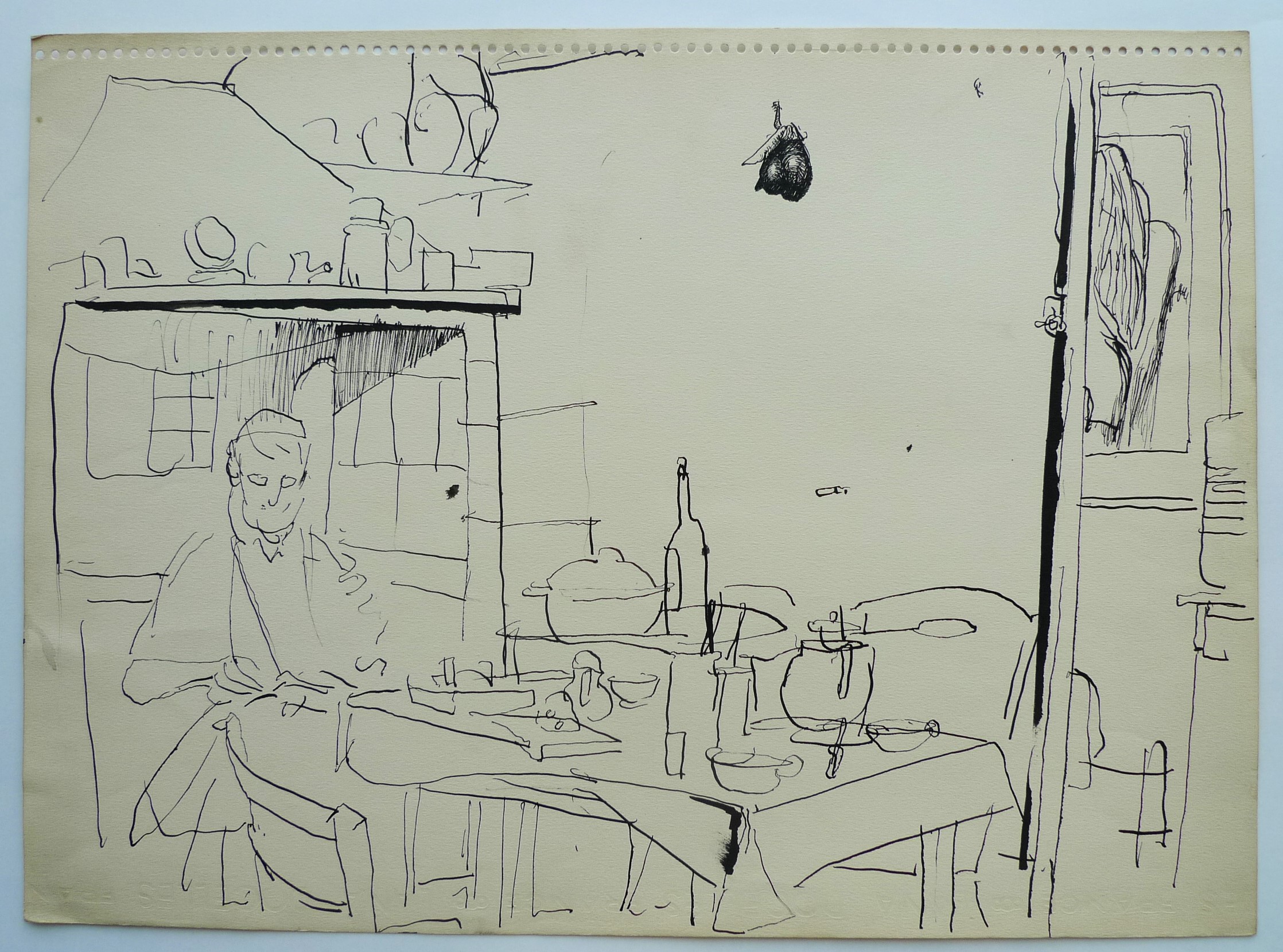 Pen and brush ink sketch. Dinner at the hotel. With sketchbook holes to top edge. KAY, BERNARD. [Very Good] [Softcover]