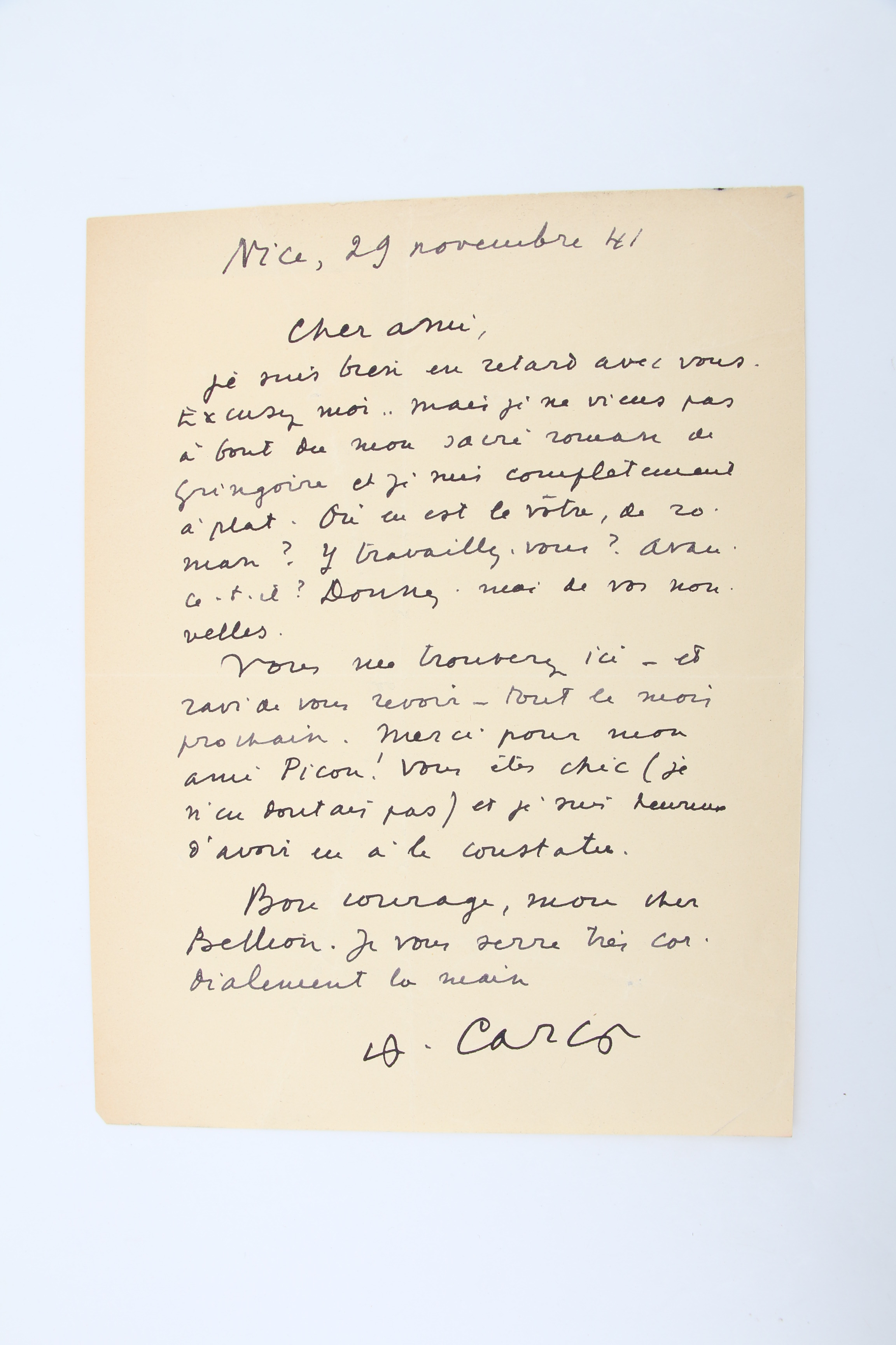 [Signé] Lettre autographe signée de Francis Carco à Roger Rabiniaux Francis CARCO [ ]