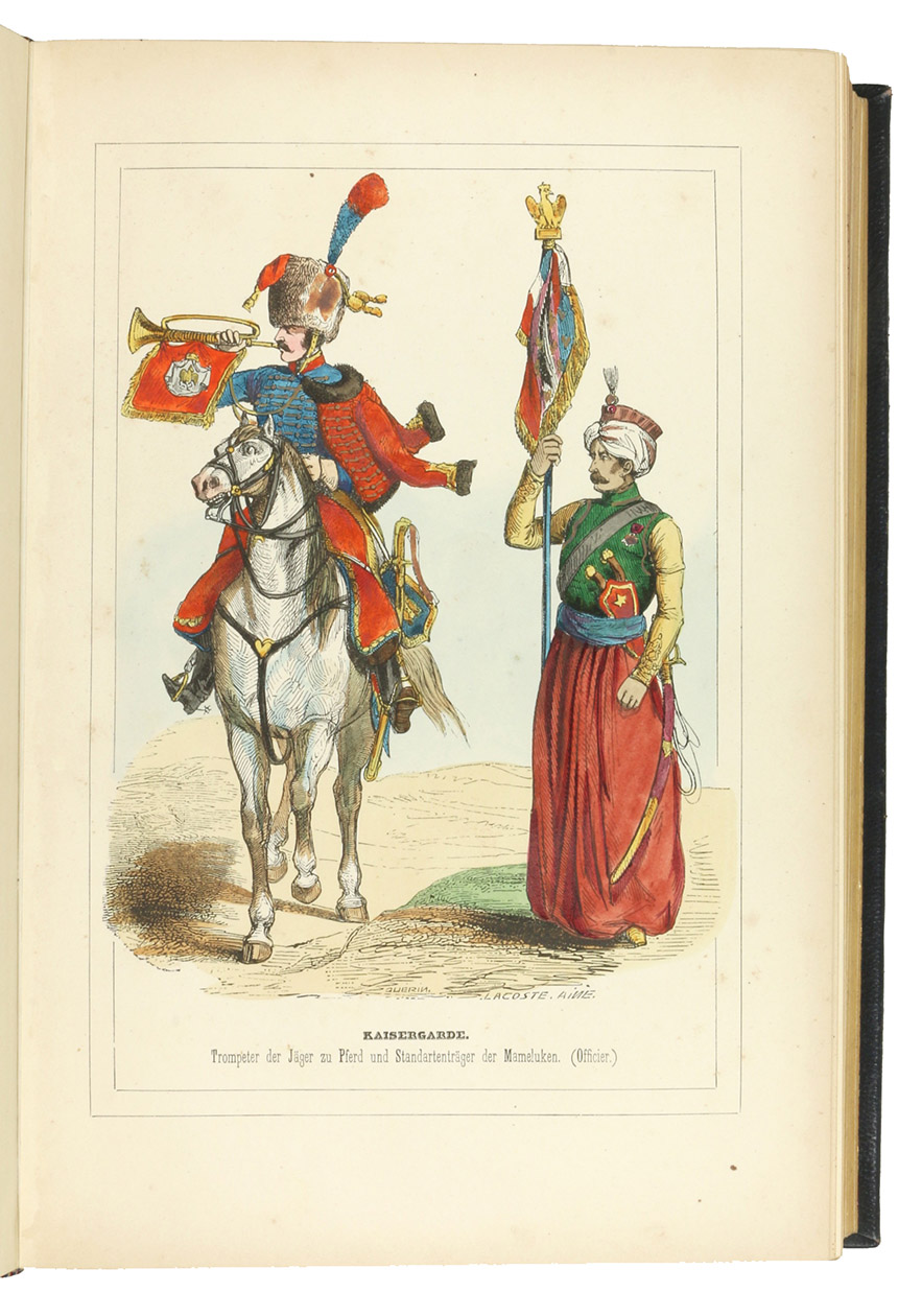 Geschichte der Kaiser-Garde.Leipzig, J.J. Weber, 1848. 4to. With 43 full-page plates (of which 39 hand-coloured, mostly woodengraved, after H. Bellan