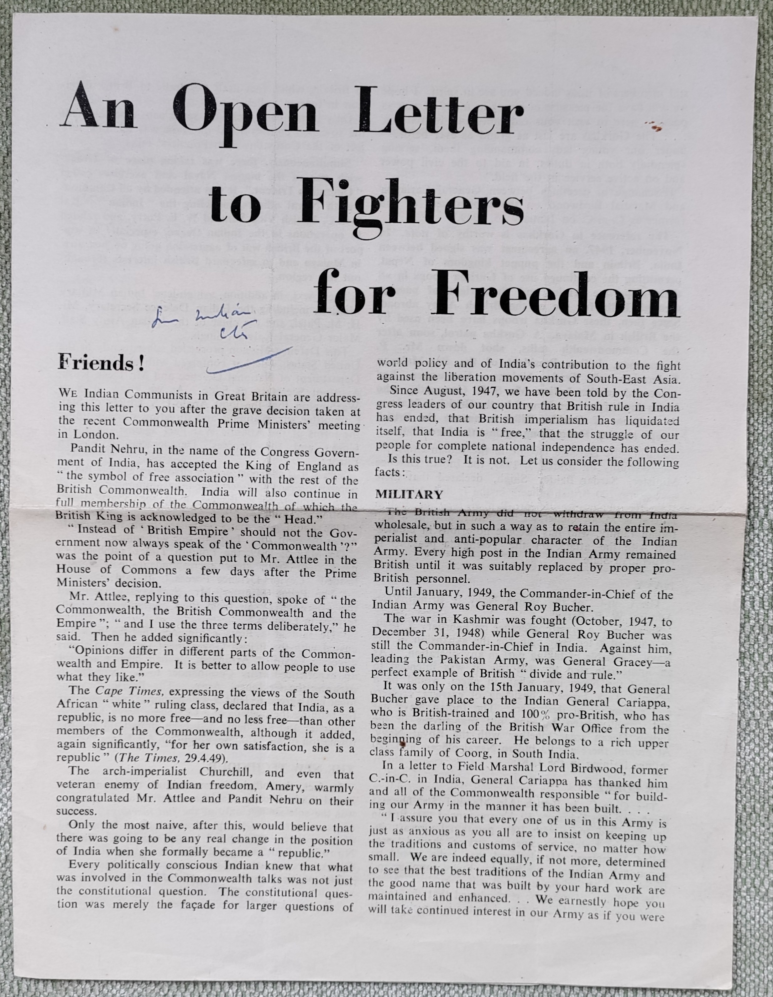 AN OPEN LETTER TO FIGHTERS FOR FREEDOM: Very Good Leaflet (1949 ...