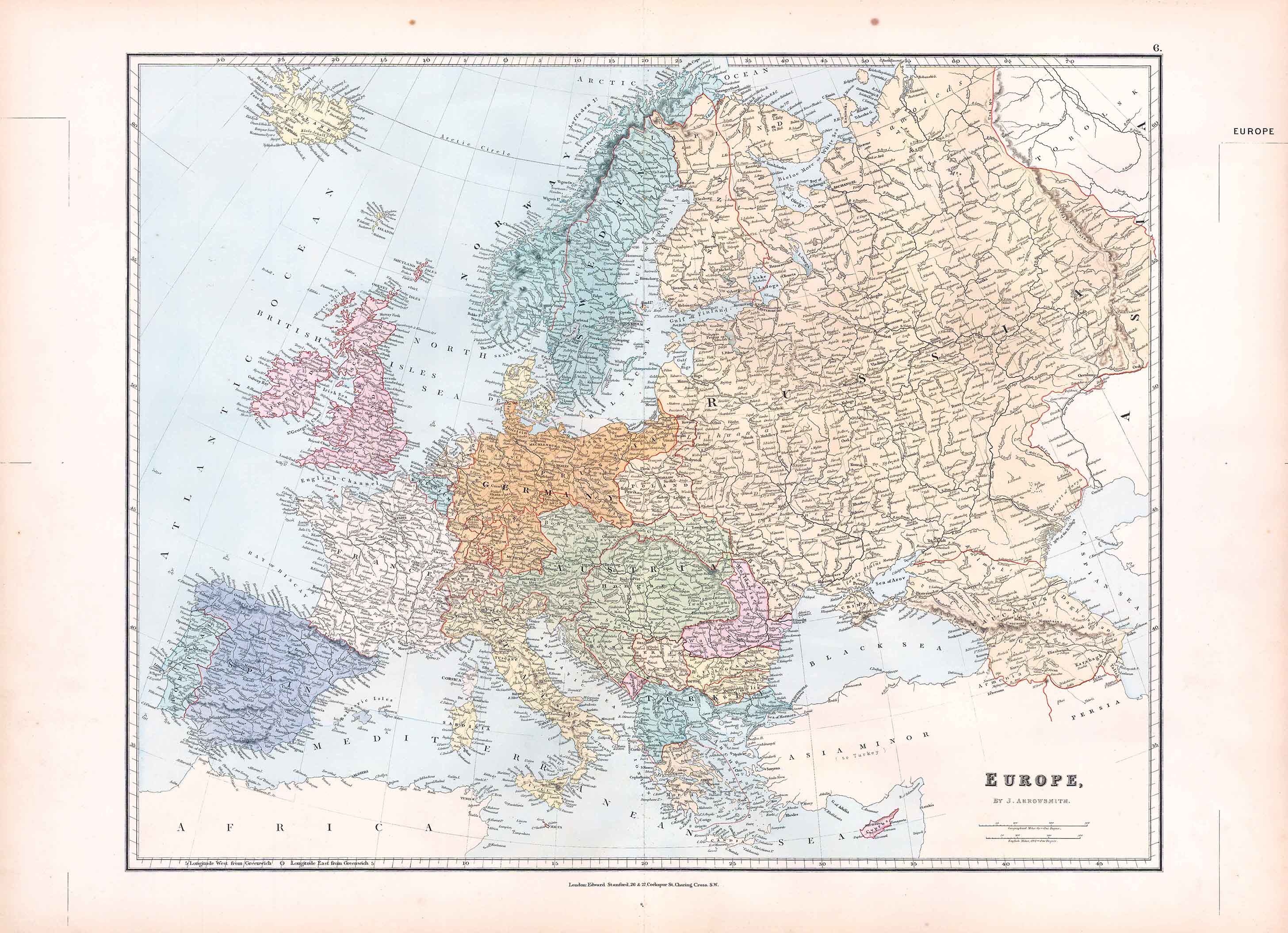 1887 Large Antique Folio Map EUROPE By Stanford (SLA6) Map Antique