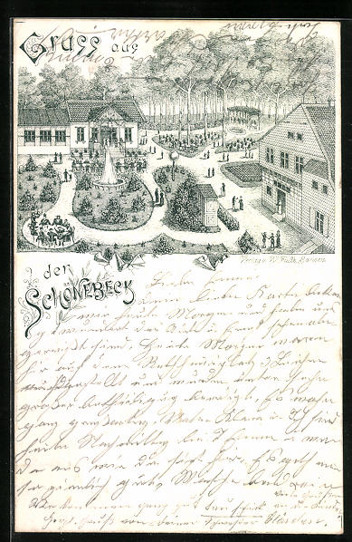 Lithographie Wuppertal, Gasthaus Schönebeck mit GartenAnlagen (1897