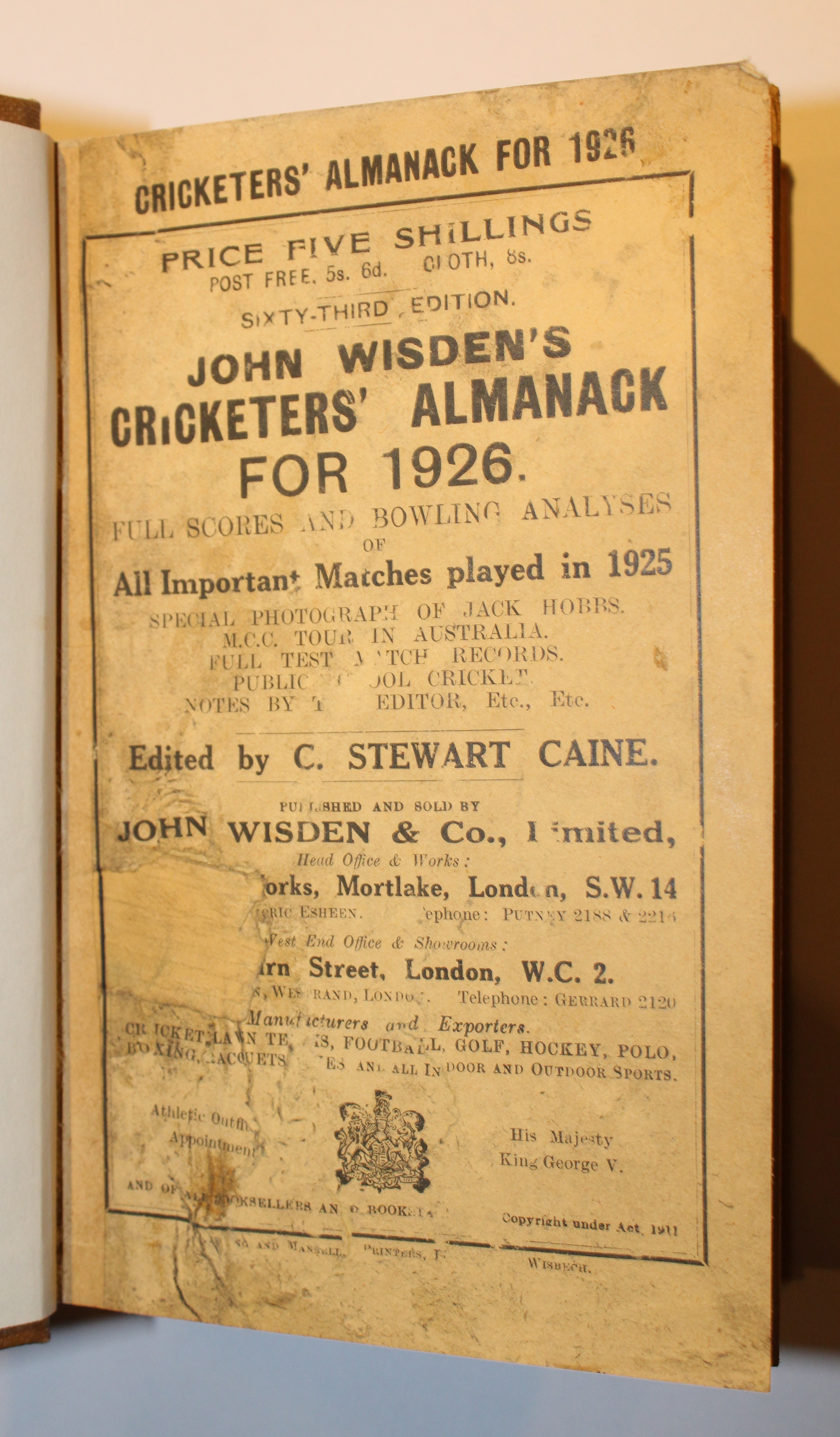 Wisden Cricketers Almanack for 1926 Very Good Hardcover Bosunbooks