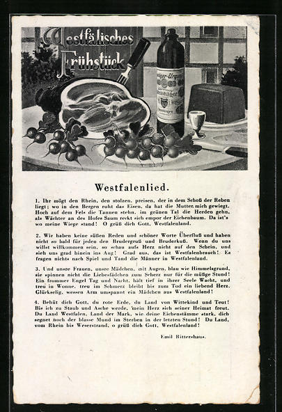Ansichtskarte Westfalenlied, Westfälisches Frühstück mit Wein, Schinken ...