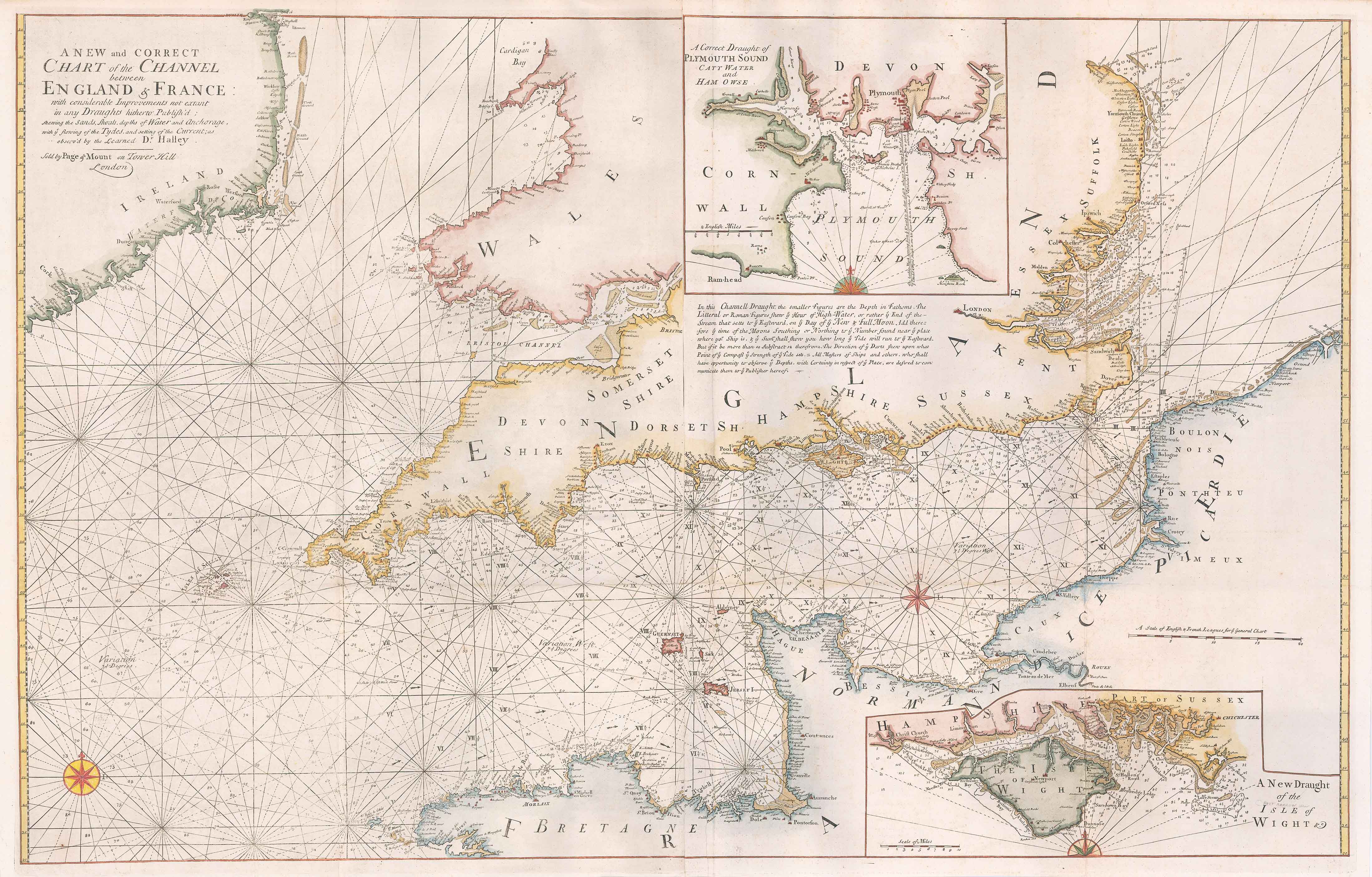 1723 A NEW AND CORRECT CHART OF THE CHANNEL ENGLAND FRANCE Map Dr
