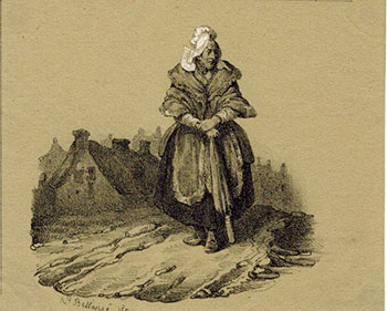 Old woman with an umbrella in front of a house. . First edition of the  lithograph. by Bellangé, Hippolyte ; Joseph-Louis-Hippolyte Bellangé  (1800-1866);: Signed by Author(s) Art / Print / Poster
