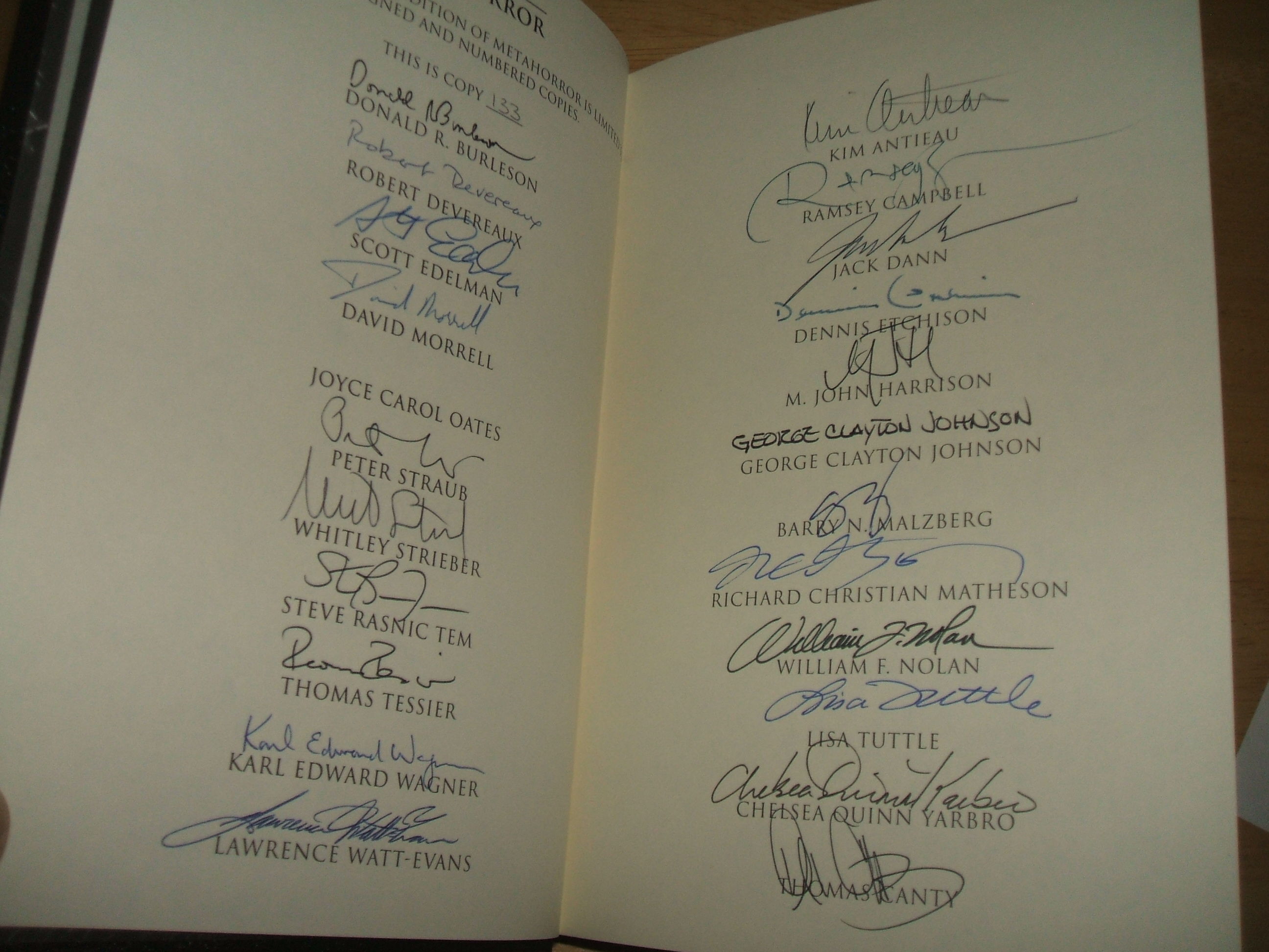 Metahorror First Signed Limited Edition - Etchison, Dennis (editor), David Morrell, Peter Straub, Karl Edward Wagner, George Clayton Johnson, Richard Christian Matheson, Chelsea Quinn Yarbro, Joyce Carol Oates, Whitley Strieber, Thomas Tessier, Kim Antieau, Lisa Tuttle, Ramsey Campbell, et a