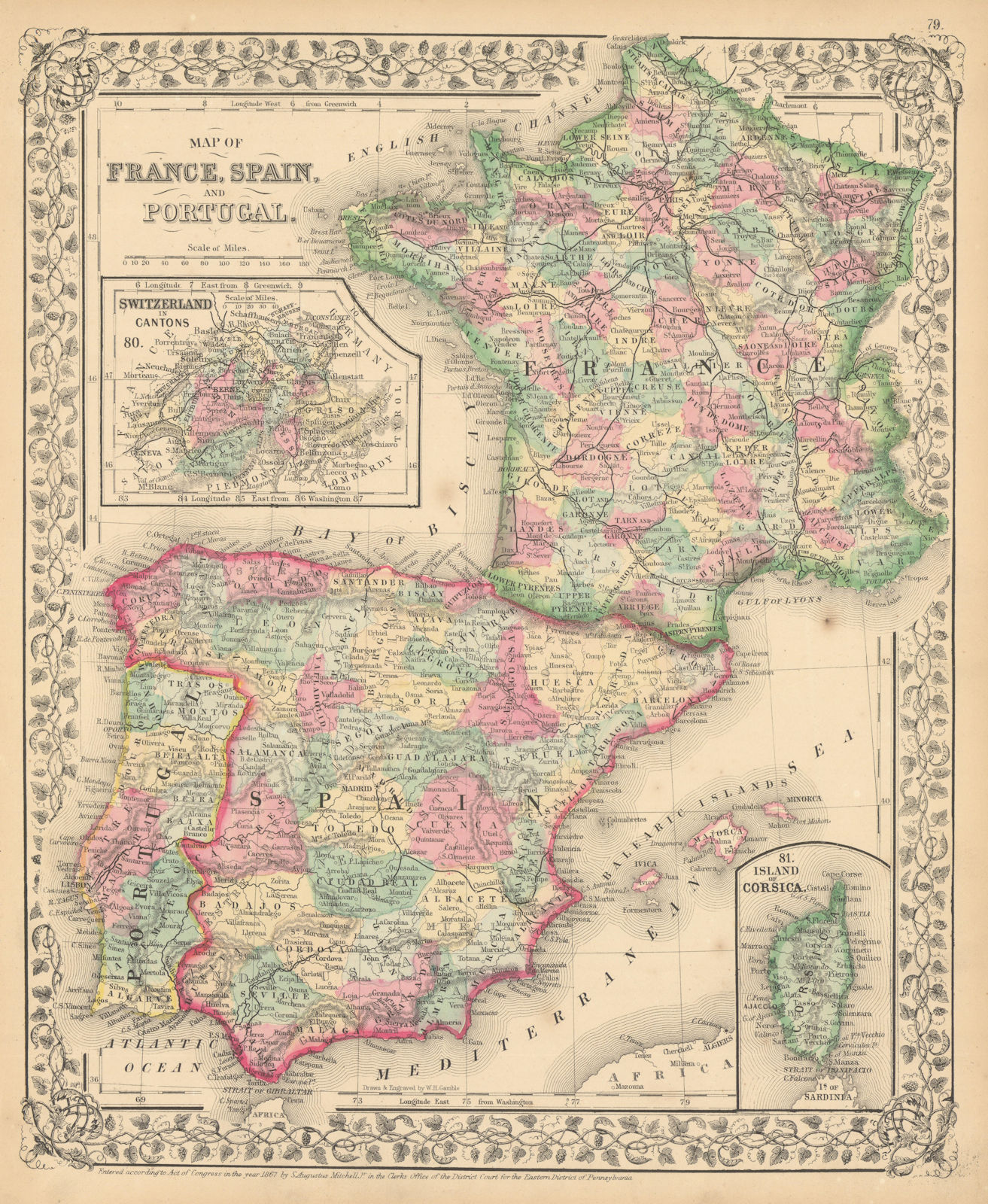 Map of France, Spain, and Portugal // Switzerland in Cantons // Island