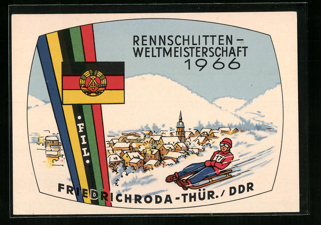 Ansichtskarte Friedrichroda /Thür., Rennschlitten-Weltmeisterschaft 1966,  Rennrodler: Manuskript / Papierantiquität