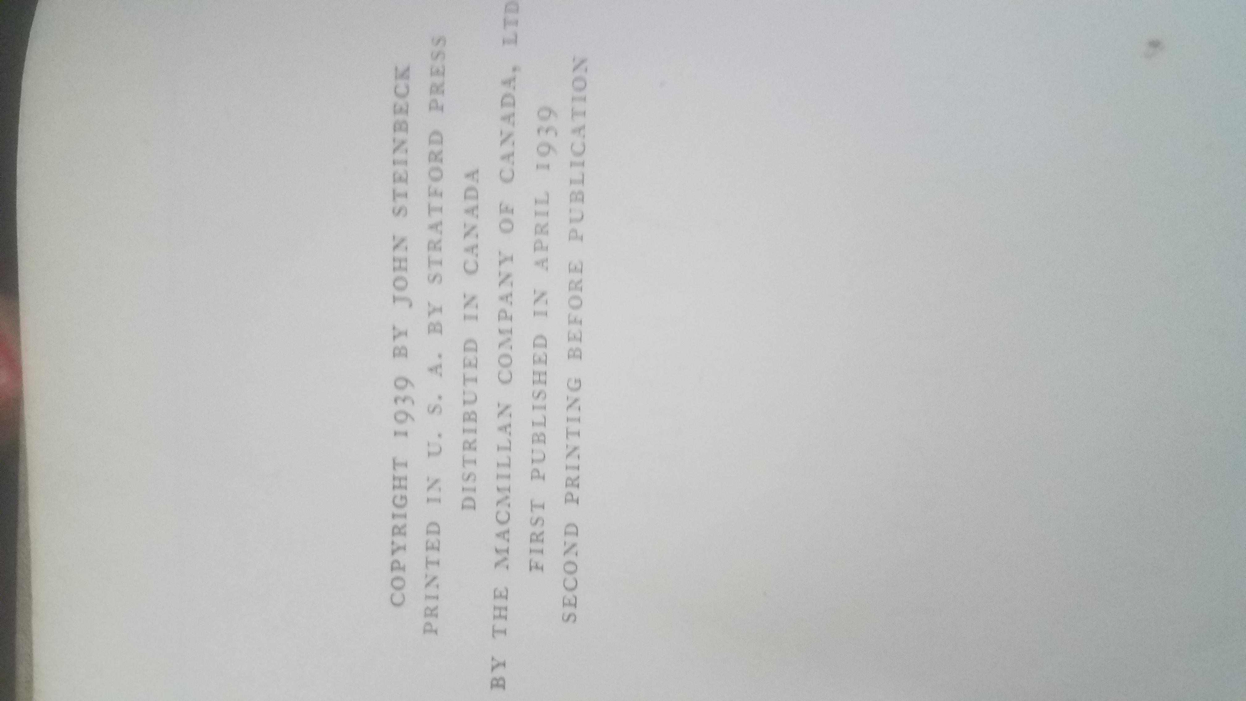 Grapes of Wrath (April 1939 second printing before publication) by John