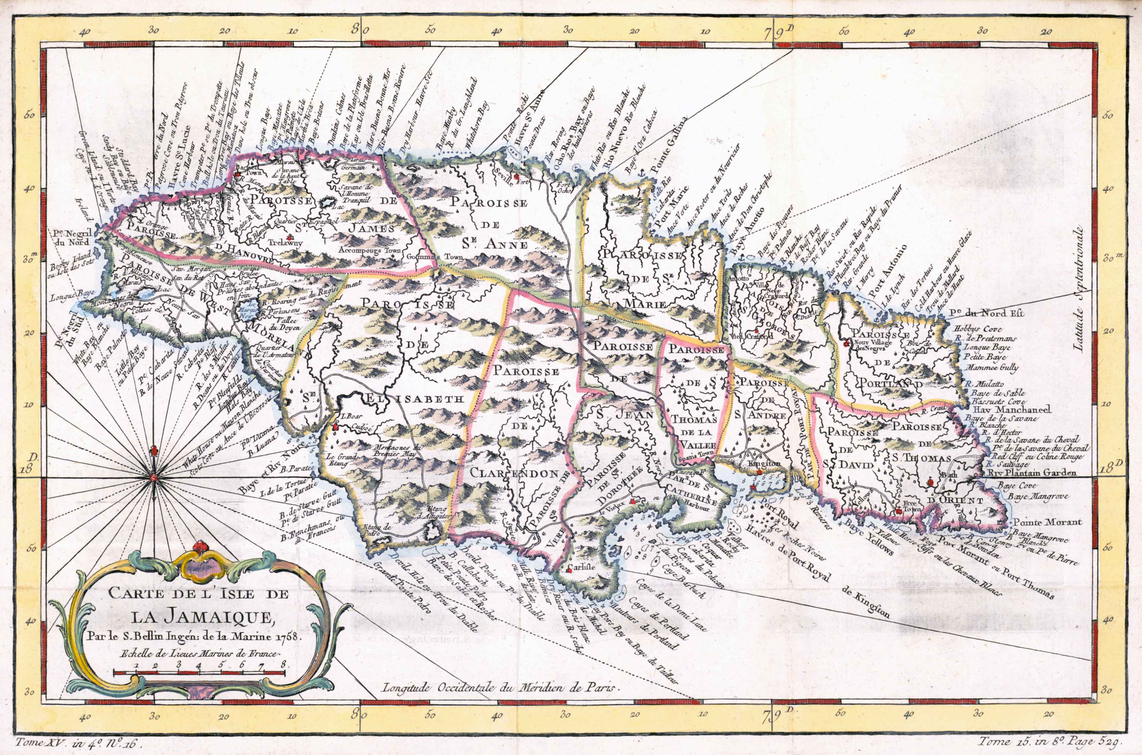 1758 Map CARTE DE L'ISLE DE LA JAMAIQUE Jamaica by Bellin (BM3-50) by BONNE: Map  Antique Paper 
