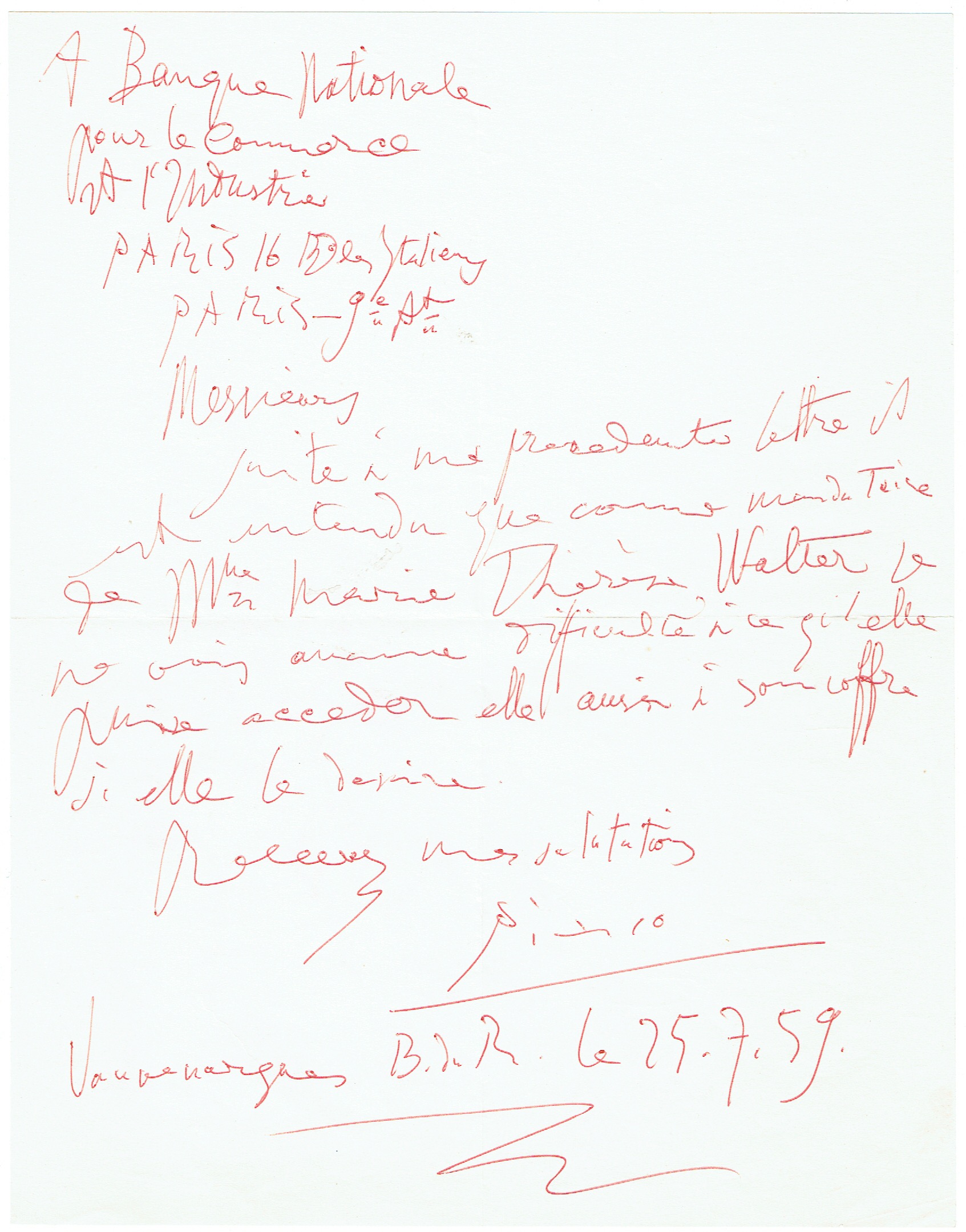 Autograph letter signed „Picasso". Picasso, Pablo, Spanish painter and sculptor (1881-1973). [ ]