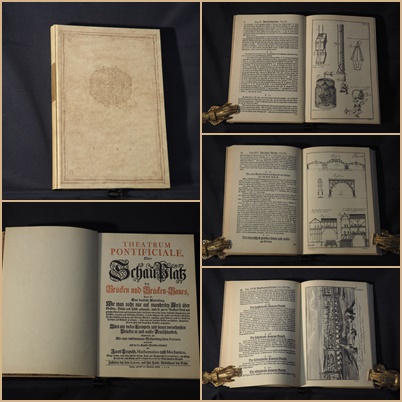 Theatrum pontificiale, Oder Schauplatz der Brücken und Brücken-Baues, Das ist: Eine deutliche Anweisung, Wie man nicht nur auf mancherley Arth über Gräben, Bäche und Flüsse gelangen, auch so gar in Wassers-Noth mit gewissen Machinen und besondern Habit sein Leben retten kan, ferner nach aller Begebenheit und Zufällen, bequeme und beständige Brücken, so wohl höltzerne auf Jochen oder steinern Pfeilern, als ohne dieselben mit Heng- und Spreng-Wercken, ingleichen gantz steinerne nach der Kunst mit Vortheil und Bestand zu erbauen; dann auch wie vielerley Arthen von Fähren, Fliegenden, Sturm- Feld- und dergleichen Brücken, anzugeben; Alles mit vielen Exempeln und denen vornehmsten Brücken in und ausser Teutschlandes, absonderlich aber Mit einer vollkommenen Beschreibung derer Pontons vorgestellt und in 60 Kupfer-Platten erläutert. - Leupold, Jacob.