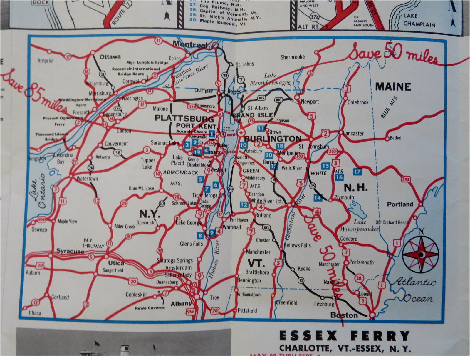 Lake Champlain Ferry Crossings 1959 Schedule Illustrated Tourist Brochure w/ map (1959) Map