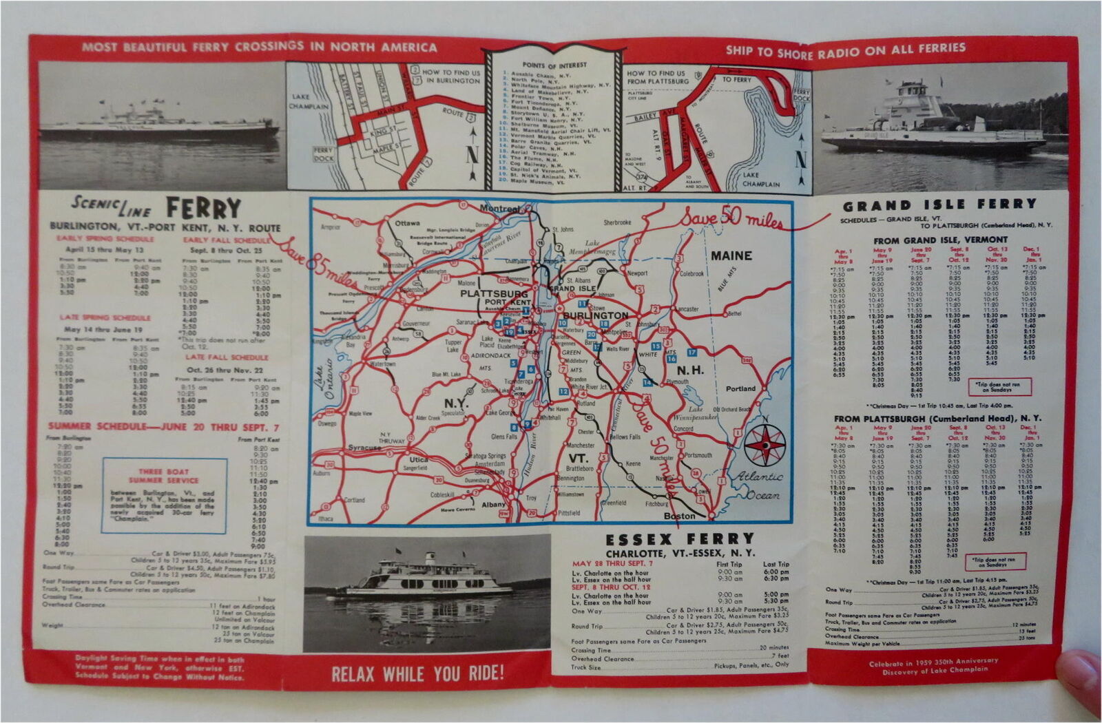 Lake Champlain Ferry Crossings 1959 Schedule Illustrated Tourist Brochure w/ map (1959) Map
