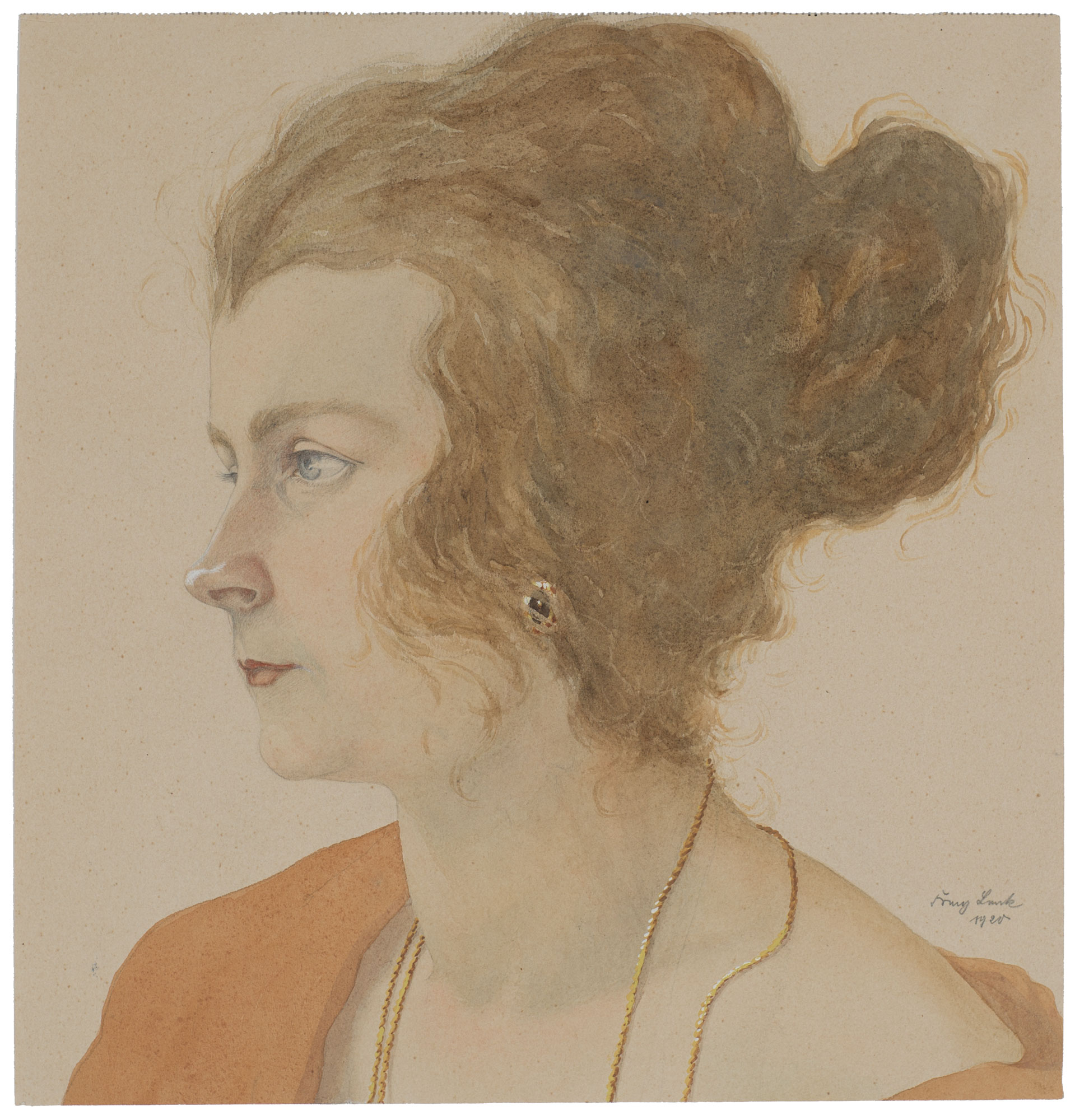 Bildnis einer jungen Frau mit Haarknoten und Goldschmuck, nahezu im Profil nach links. Lenk, Franz - 1898 Langenbernsdorf/Zwickau - Schwäbisch Hall 1