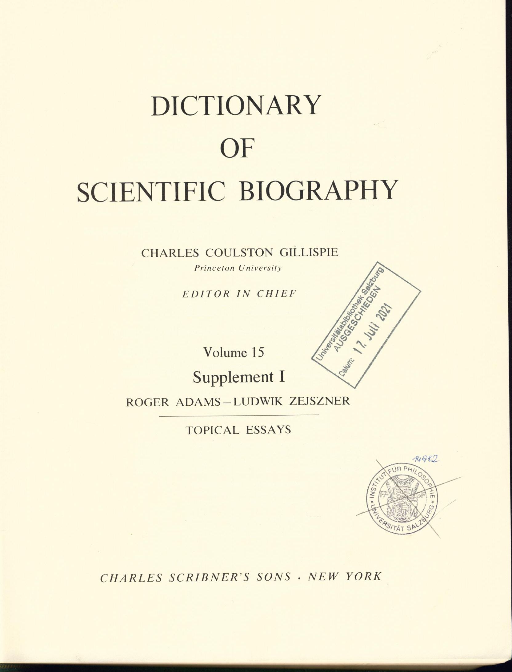 Dictionary of Scientific Biography Volume 15 + 16, Supplement I - Gillispie, Charles Coulston
