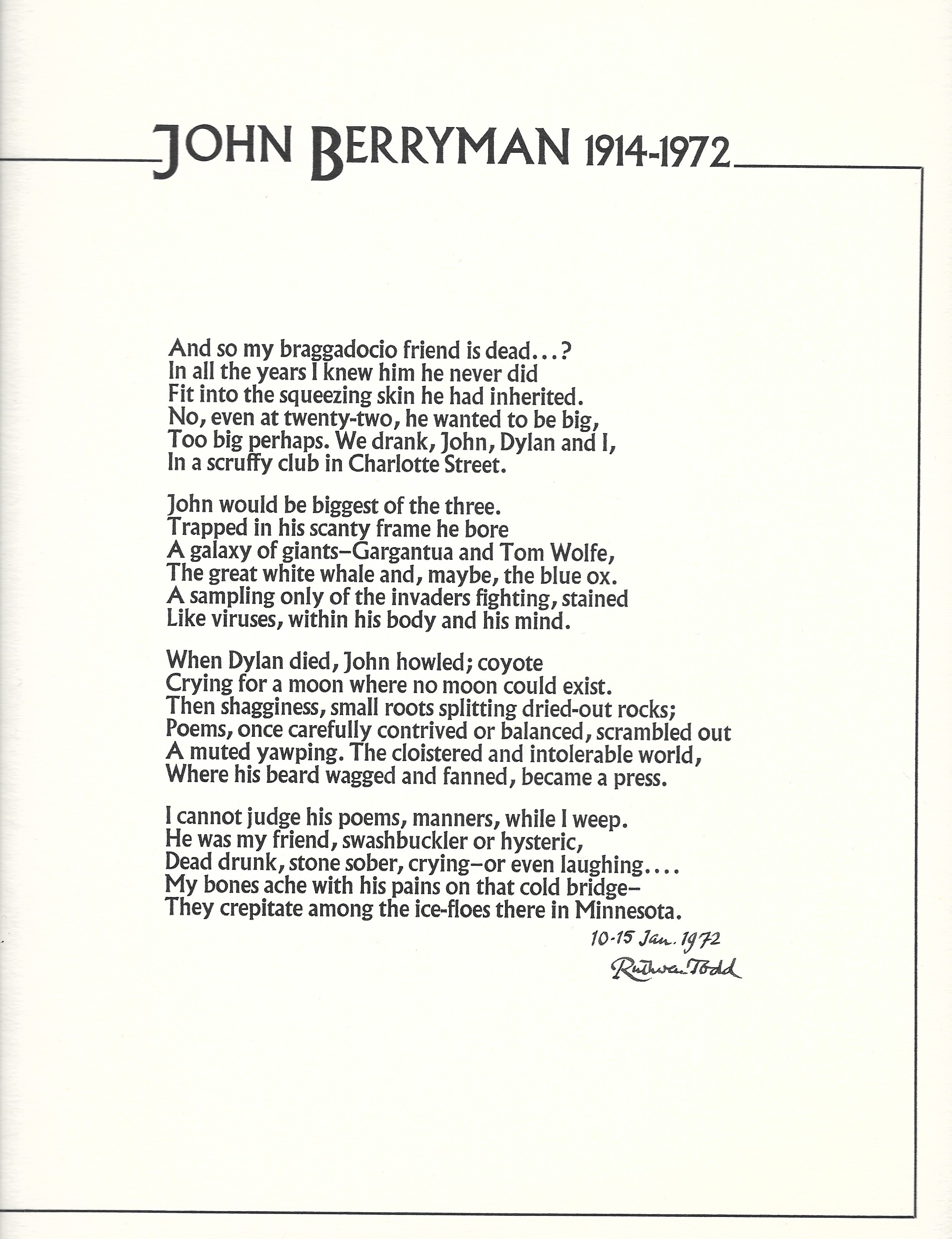 John Berryman 19141972 by Ruthven Todd Fine Soft cover (1972) 1st