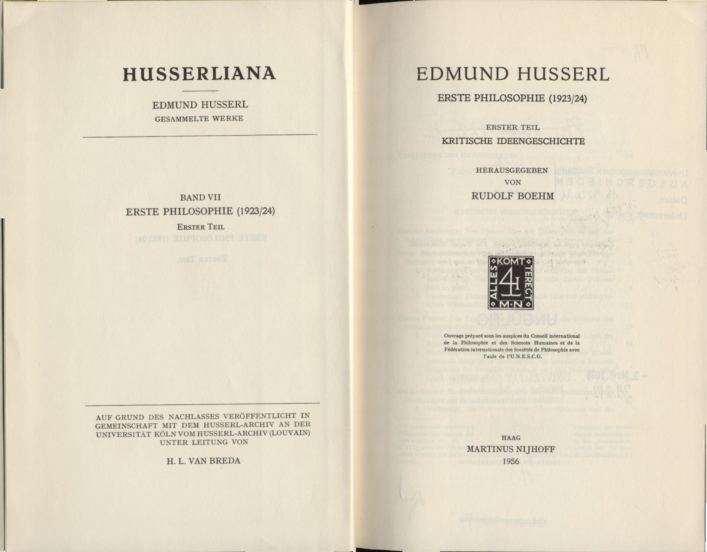 Edmund Husserl. Erste Philosophie (1923/24) Erster Teil Kritische Ideengeschichte - Husserl, Edmund und Rudolf Boehm