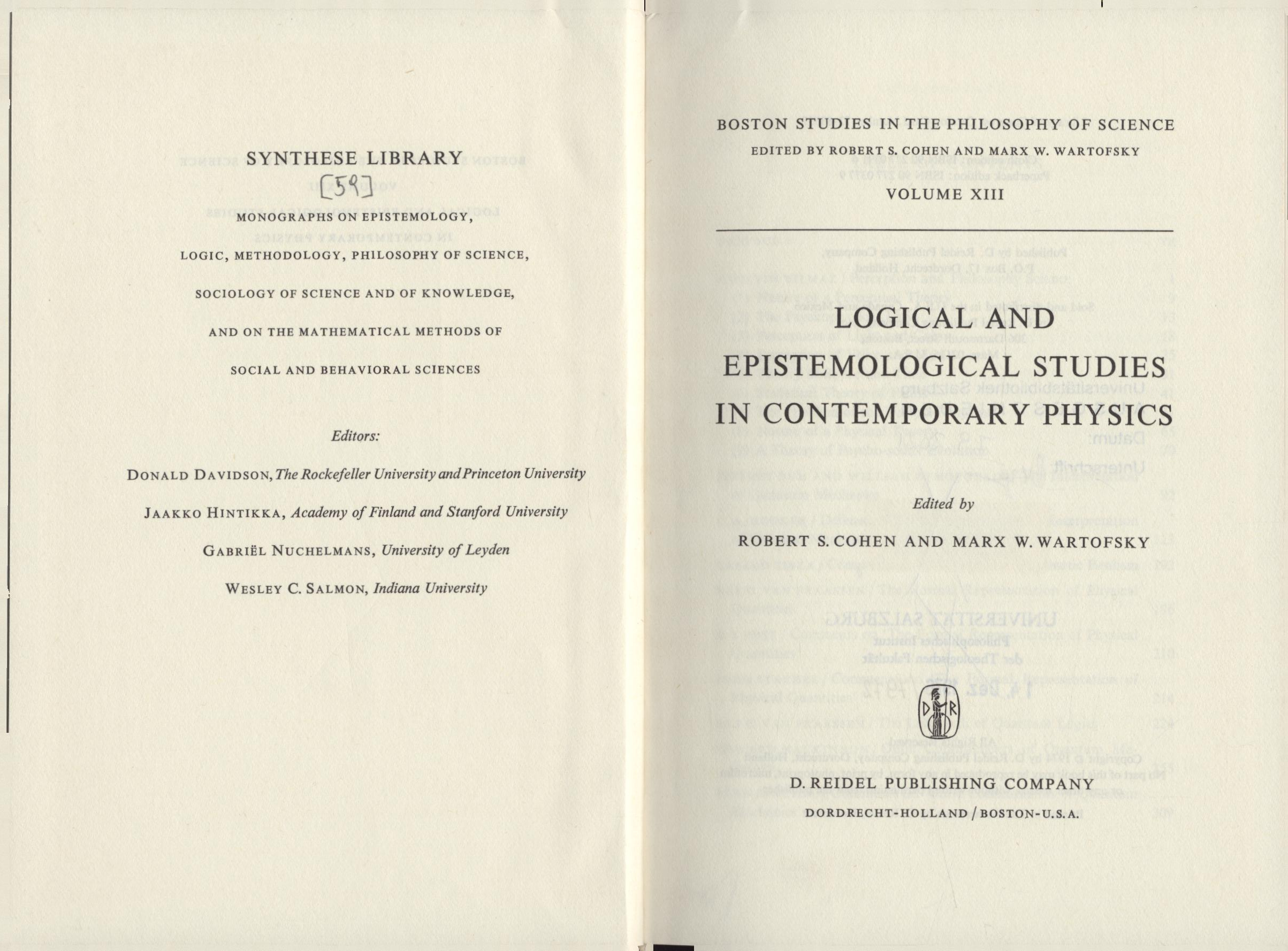 Logical and Epistemological Studies in Contemporary Physics - Cohen, Robert S. und Marx W. Wartofsky