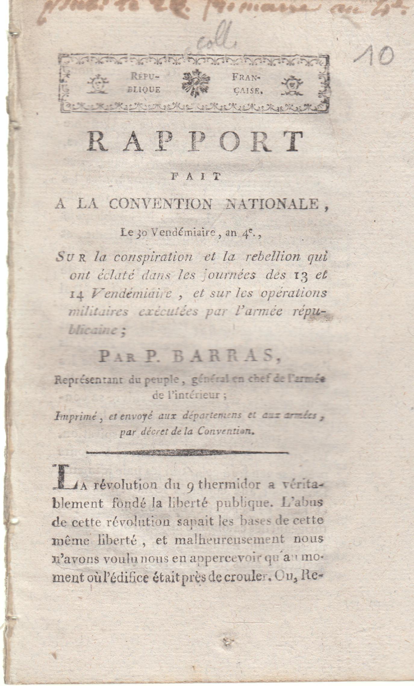 Rapport fait a la Convention nationale, le 30 Vendémiaire, an 4, sur la ...
