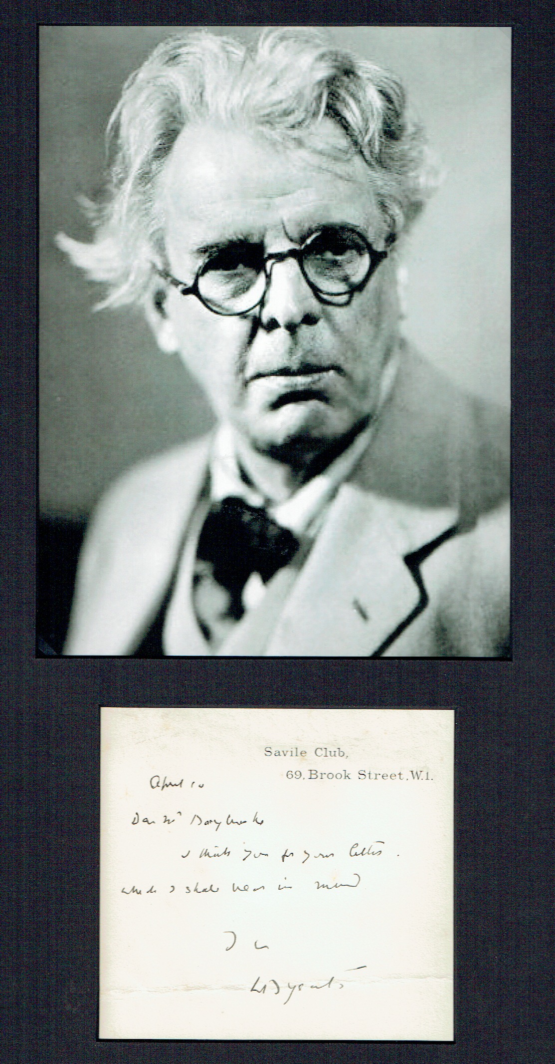 Eigenh. Mitteilung mit Unterschrift. by Yeats, William Butler, irischer ...