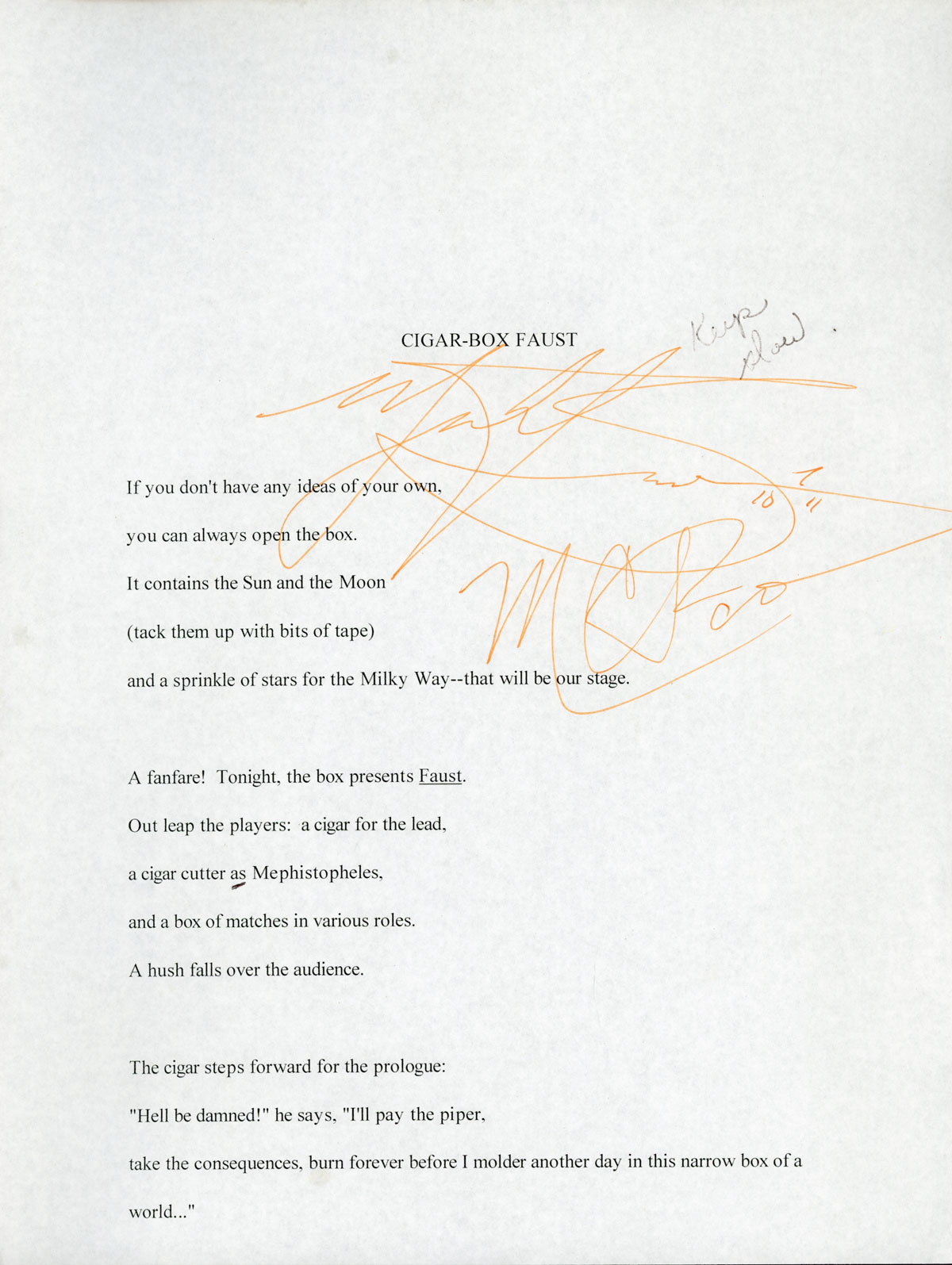 CIGAR-BOX FAUST [Script]. TYPED MANUSCRIPT, SIGNED (TMsS). 4 leaves, several handwritten notes by Swanwick. Not dated Swanwick, Michael [ ]