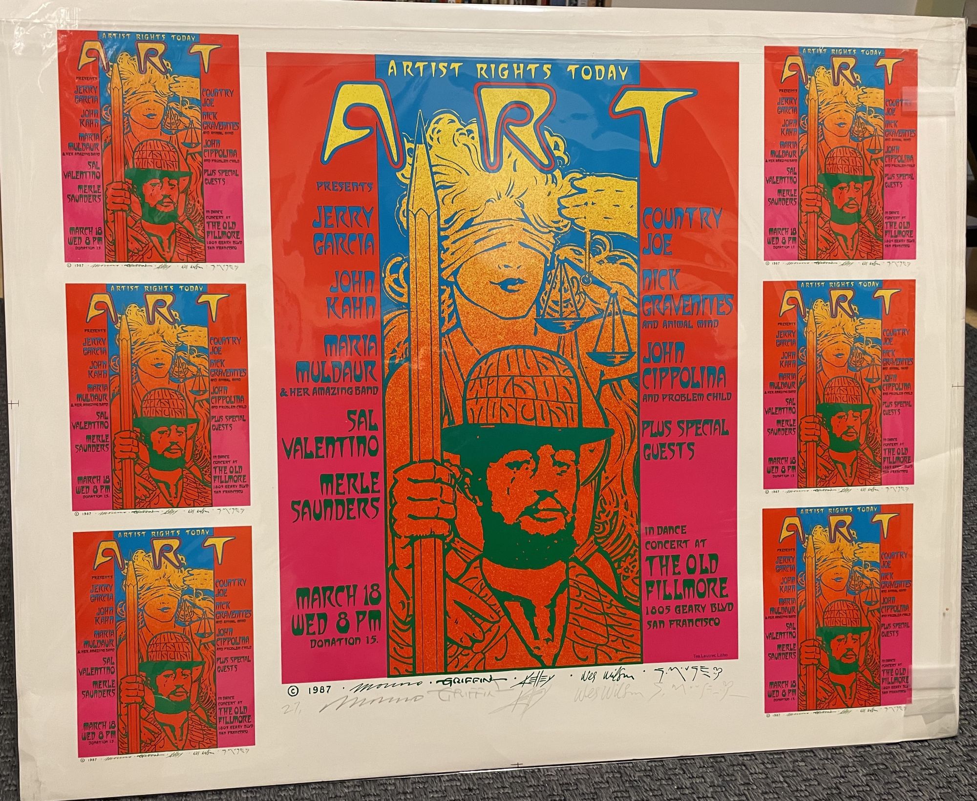 ARTIST RIGHTS TODAY. An A/P Signed by the "BIG 5", Victor Moscoso, Rick Griffin, Alton Kelley, Wes Wilson, and Stanley Mouse. 1987 (Rock & Roll Litho