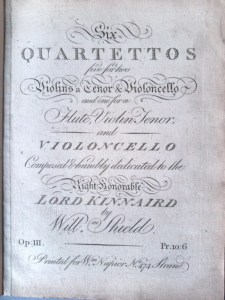 Six Quartettos, five for two Violins a Tenor & Violoncello and one for