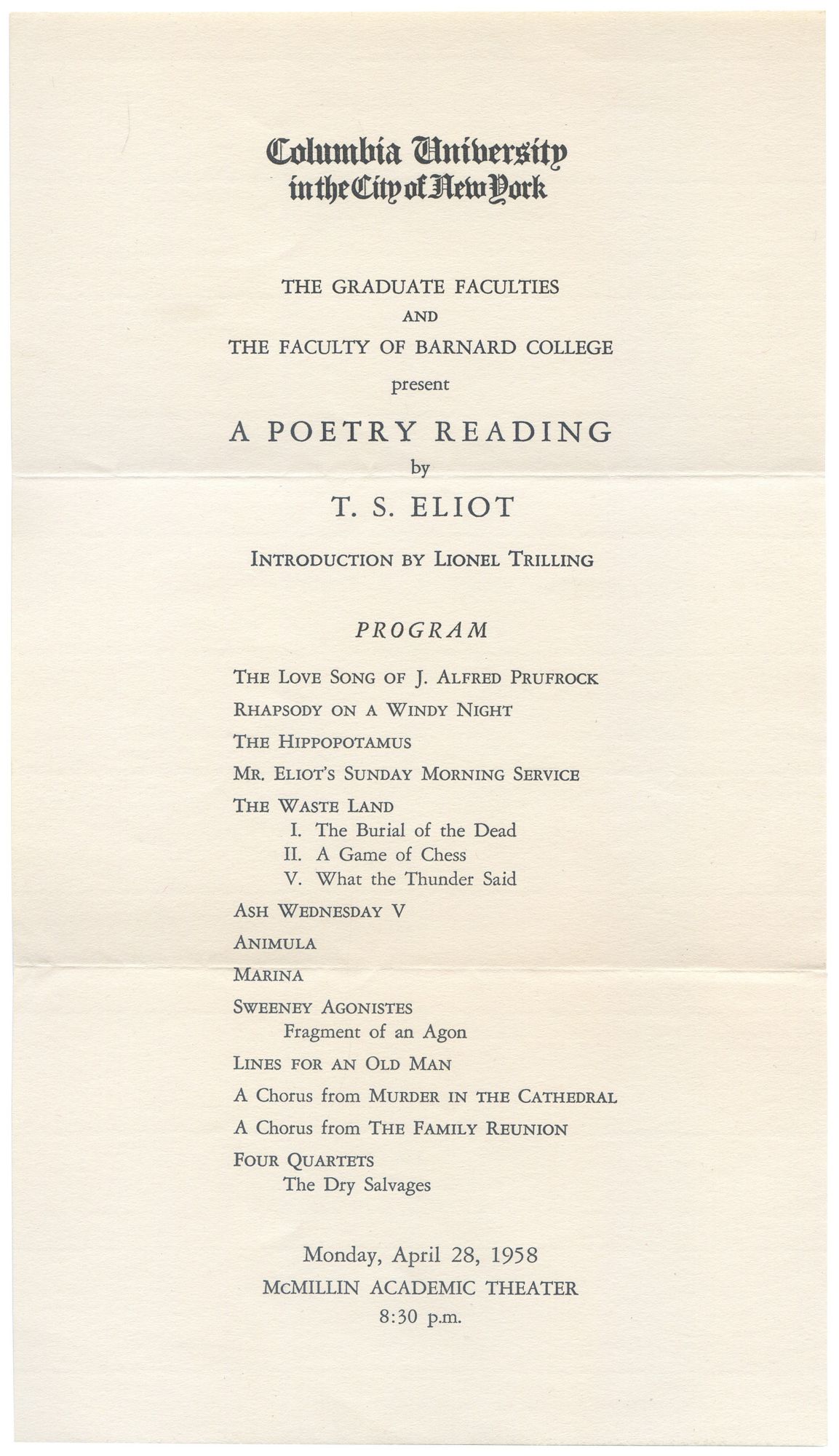 [Flyer or small broadside] Columbia University. The Graduate Faculty