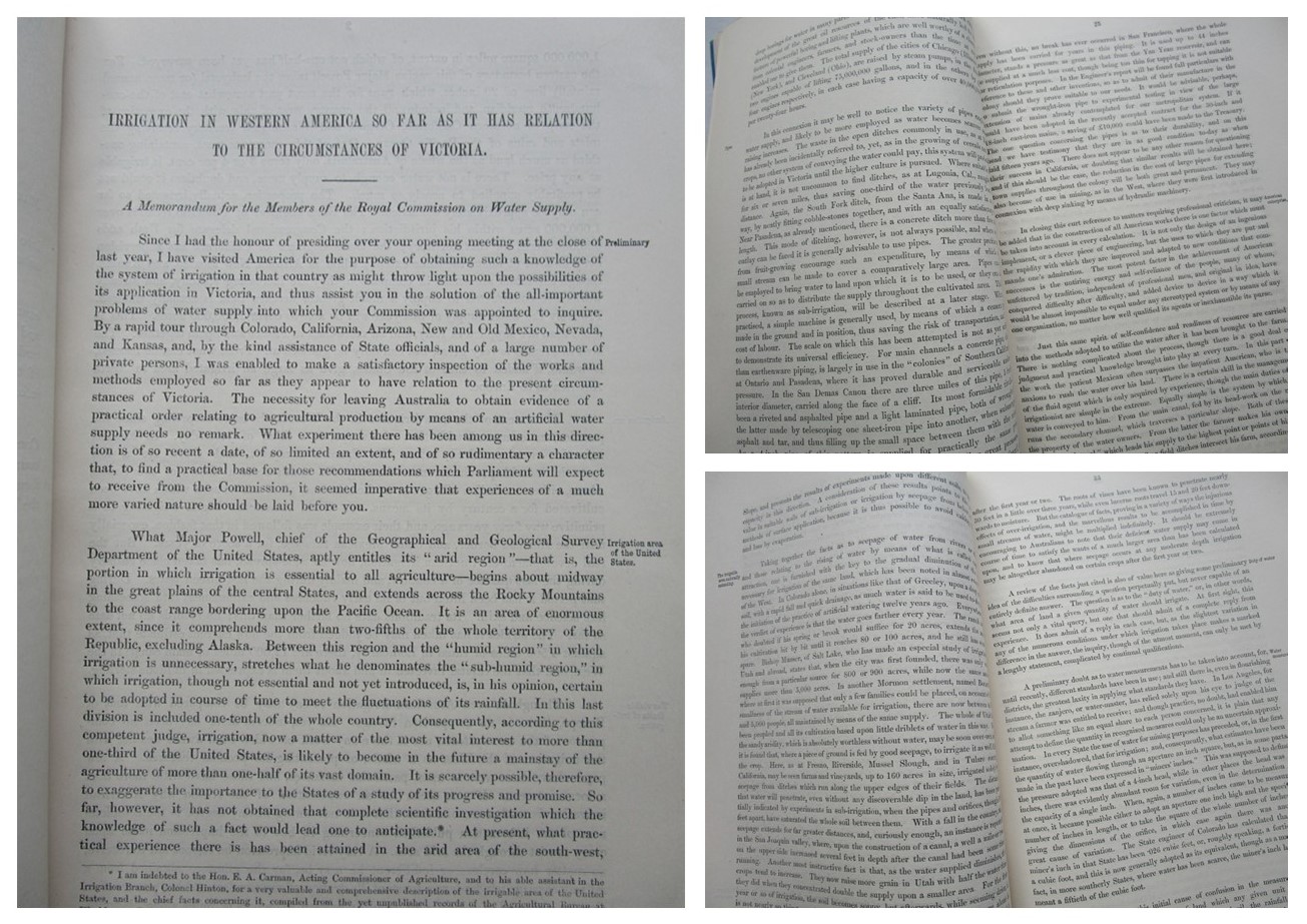 1885 VICTORIA ROYAL COMMISSION ON WATER SUPPLY, FIRST PROGRESS REPORT