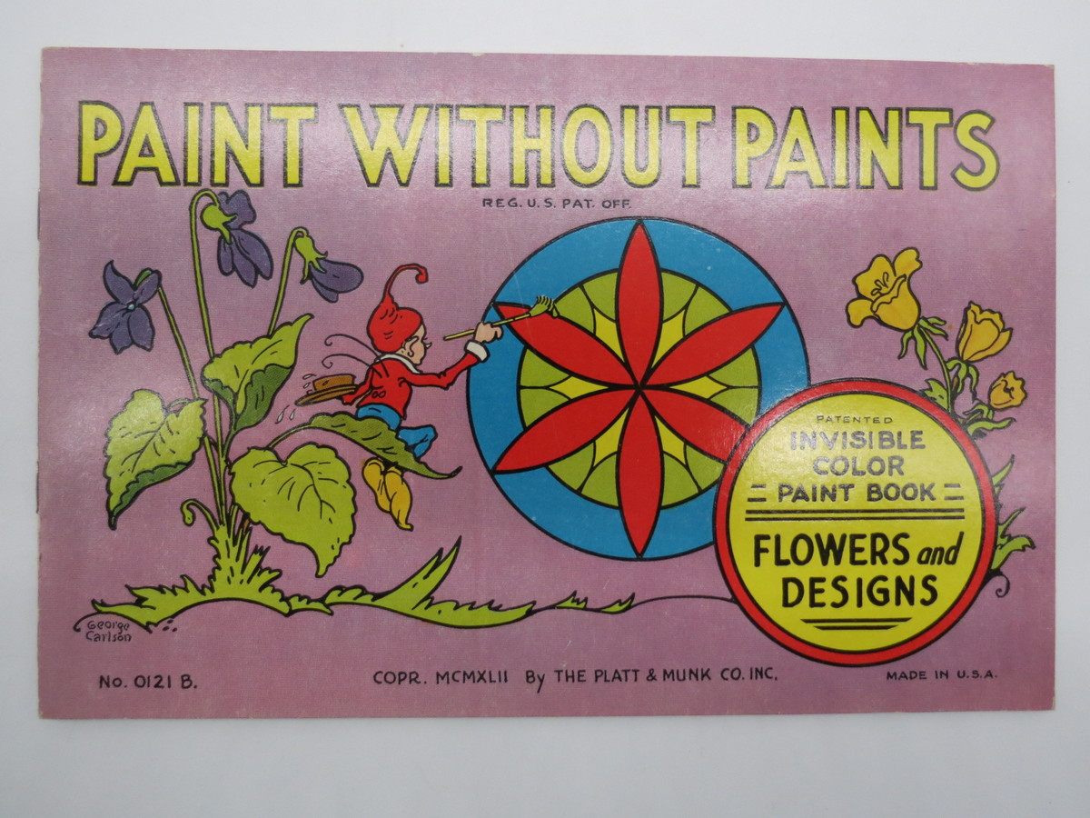 PAINT WITHOUT PAINTS #0121B INVISIBLE COLOR PAINT BOOK Flowers and Designs:  Near Fine Paperback (1942)