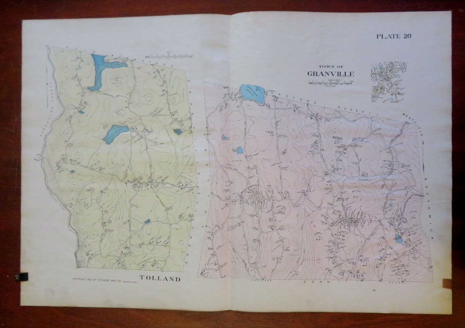 Tolland & Granville Mass. Town & City Plan 1912 Richards large detailed