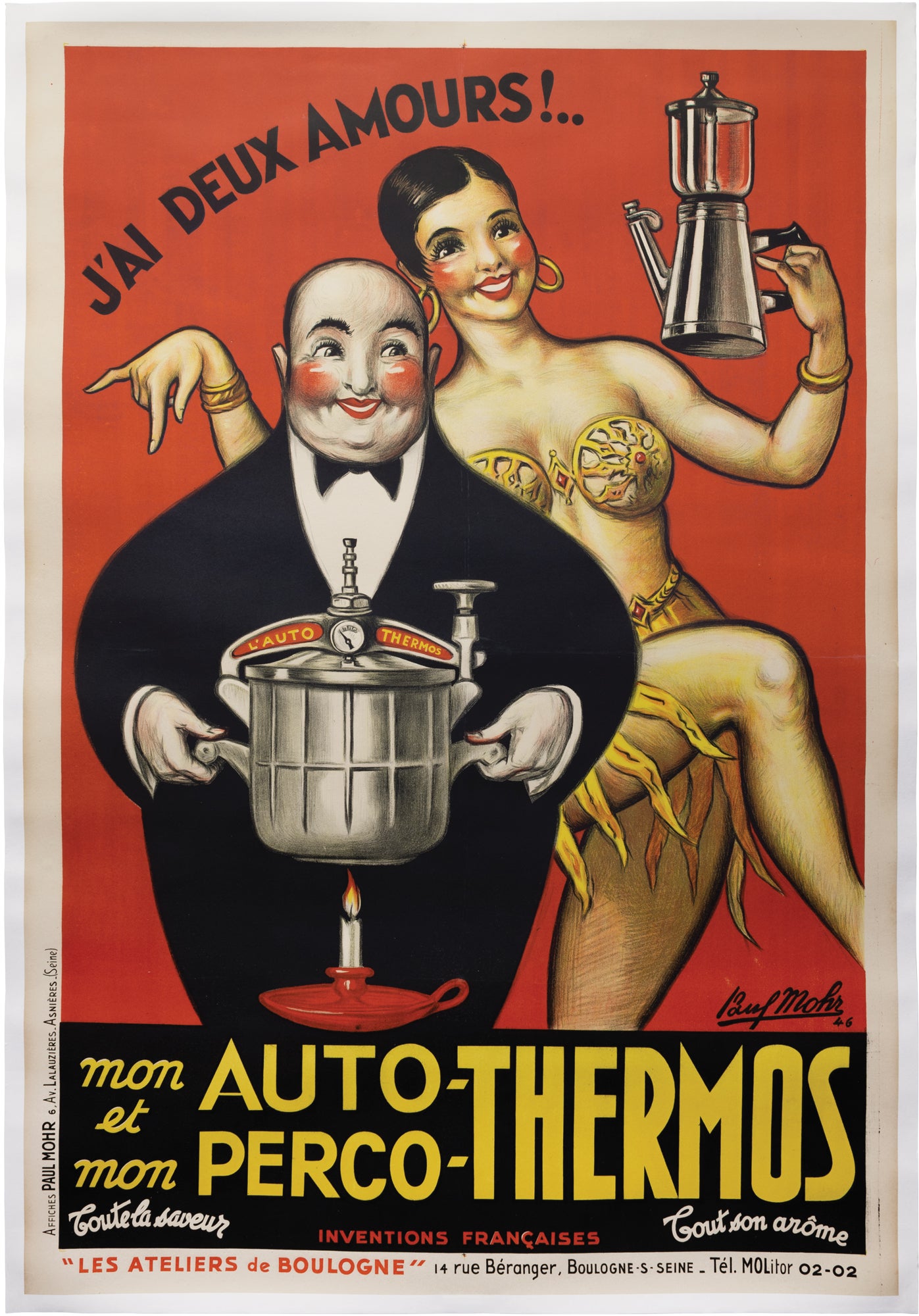 J'ai Deux Amours! mon Auto-Thermos et mon Perco-Thermos (Original poster advertising a French coffee percolator) [Advertising] [Josephine Baker] Paul