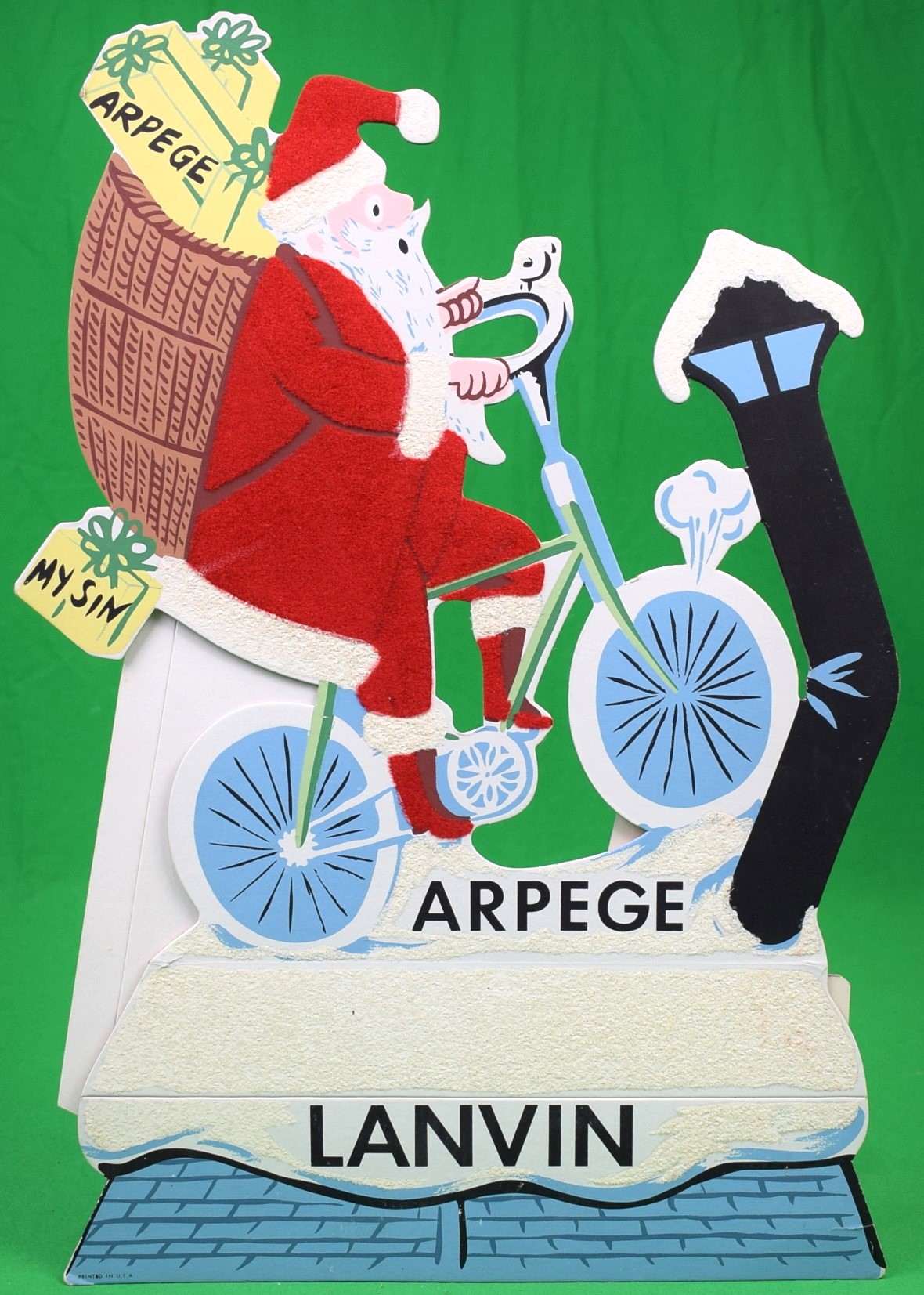 Lanvin Paris Arpege/ My Sin Perfume Advert Sign w/ Santa On Bicycle Alexander Warren Montel [Very Good]