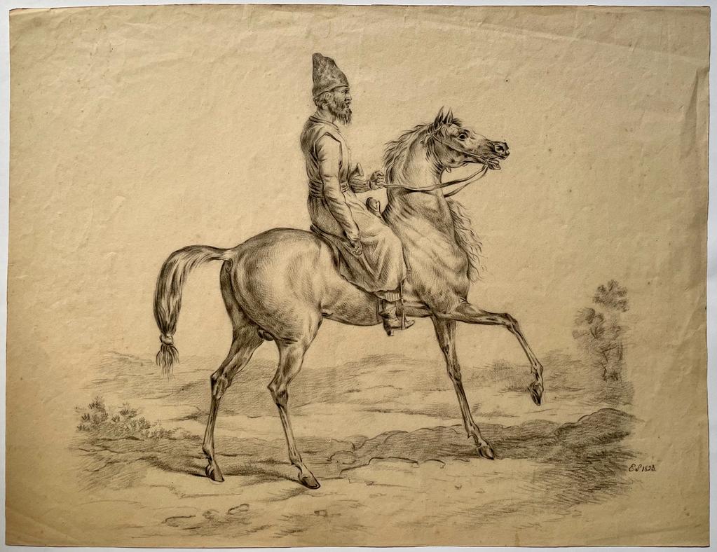 [Antique drawing, black chalk and pencil] Man in oriental clothes riding a horse, dated 1823, 1 p. Anonymous artist, ES (?), after Carle Vernet (1758