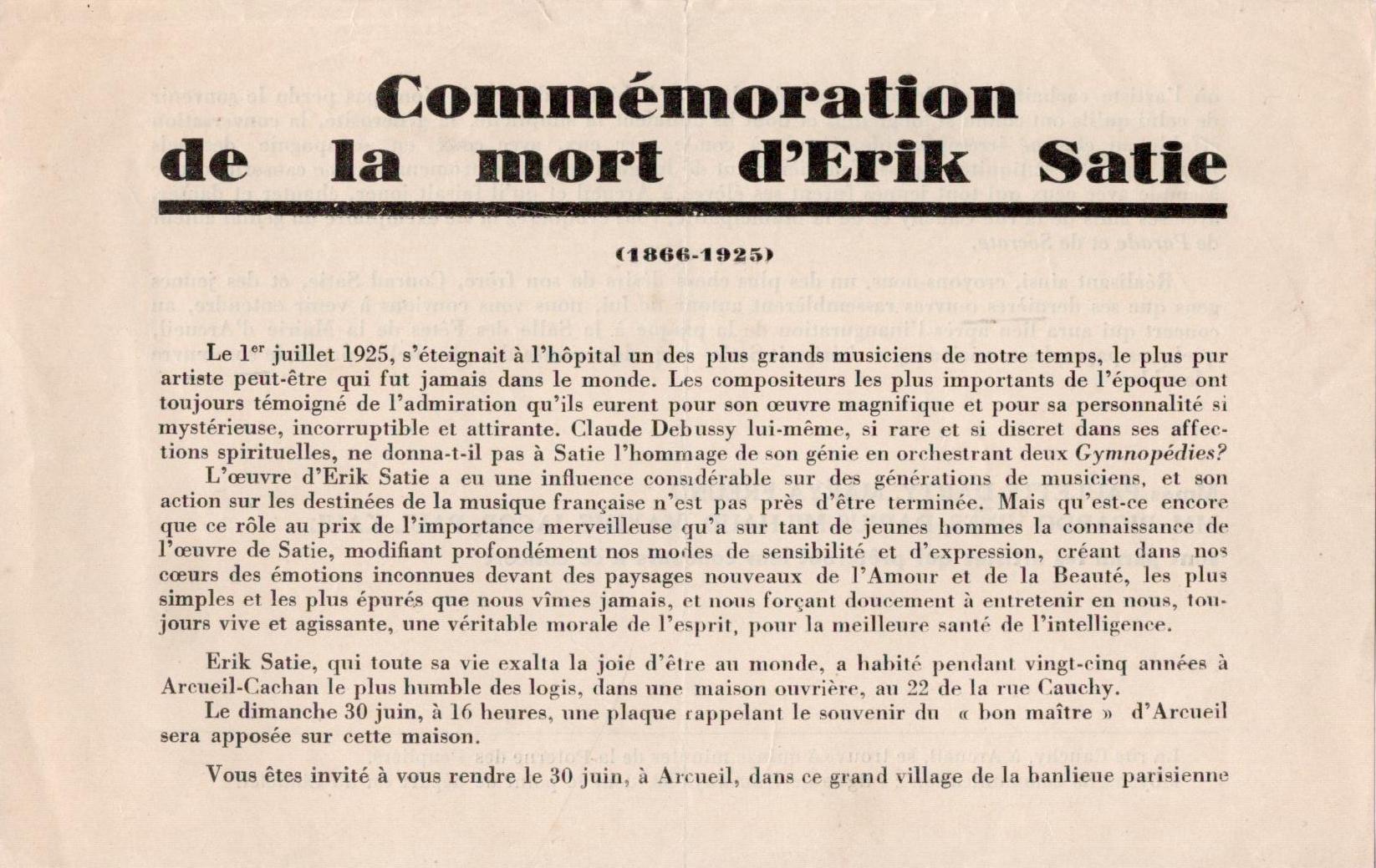 Commémoration de la mort d'Erik Satie (1866-1925). [SATIE Erik]. [Très bon]