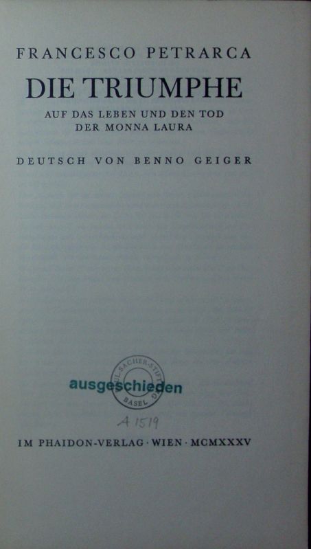 Die Triumphe auf das Leben und den Tod der Monna Laura. - Petrarca, Francesco