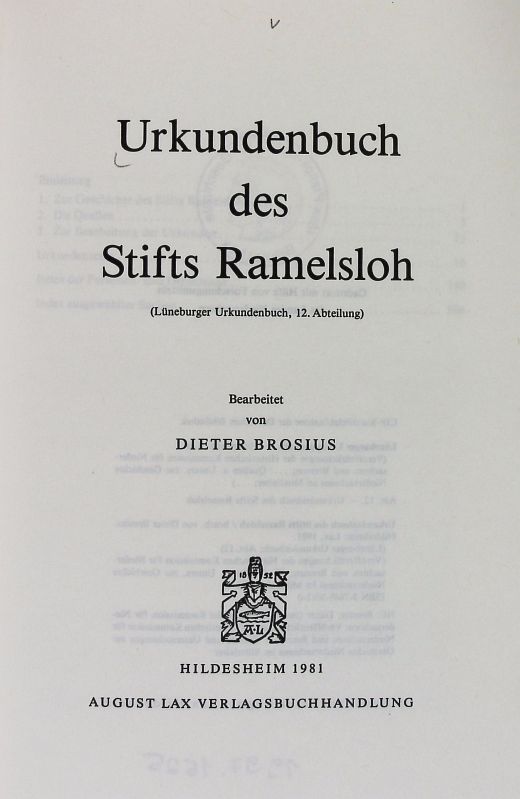 Urkundenbuch des Stifts Ramelsloh. Lüneburger Urkundenbuch ; Abt. 12. - Brosius, Dieter