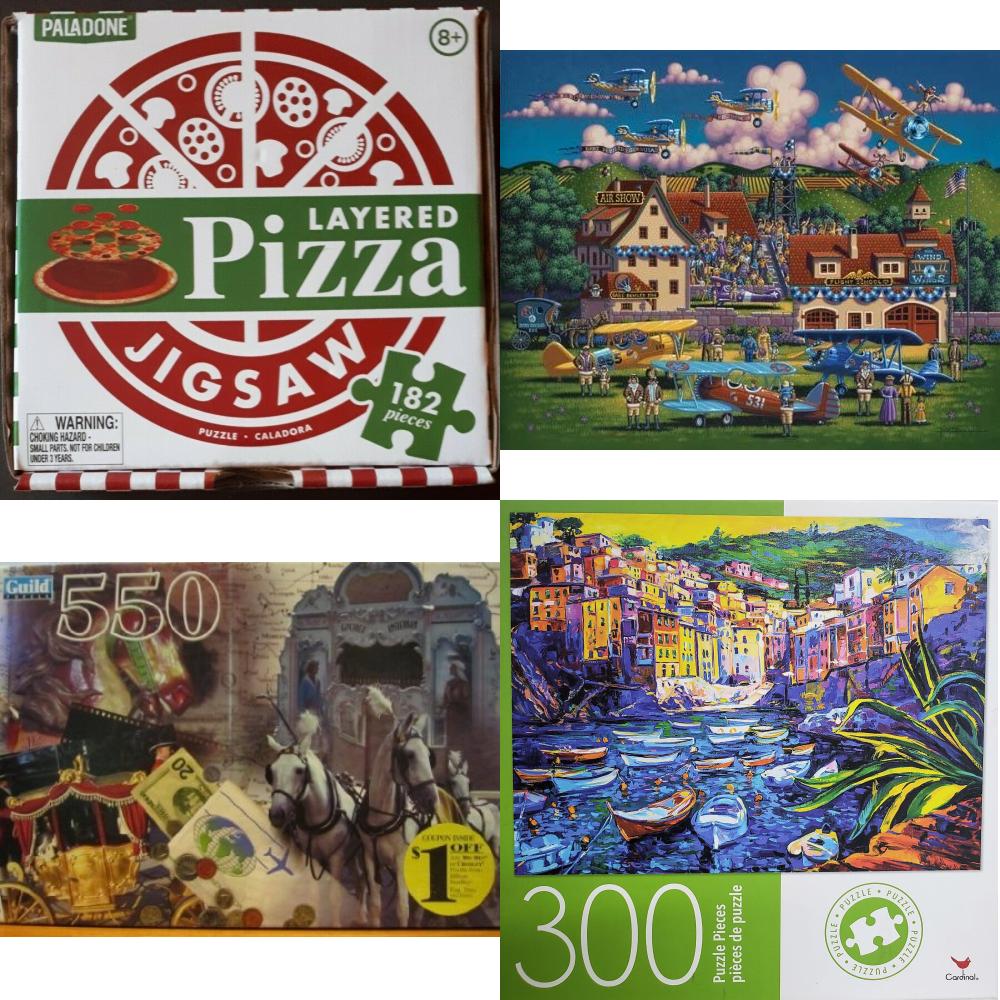 Assorted Puzzles 4 Pack Bundle: Paladone Layered Pizza 182 Piece Jigsaw Puzzle, Jigsaw Puzzle - Flying Aces 100 Pc By Dowdle Folk Art, Guild Horse an